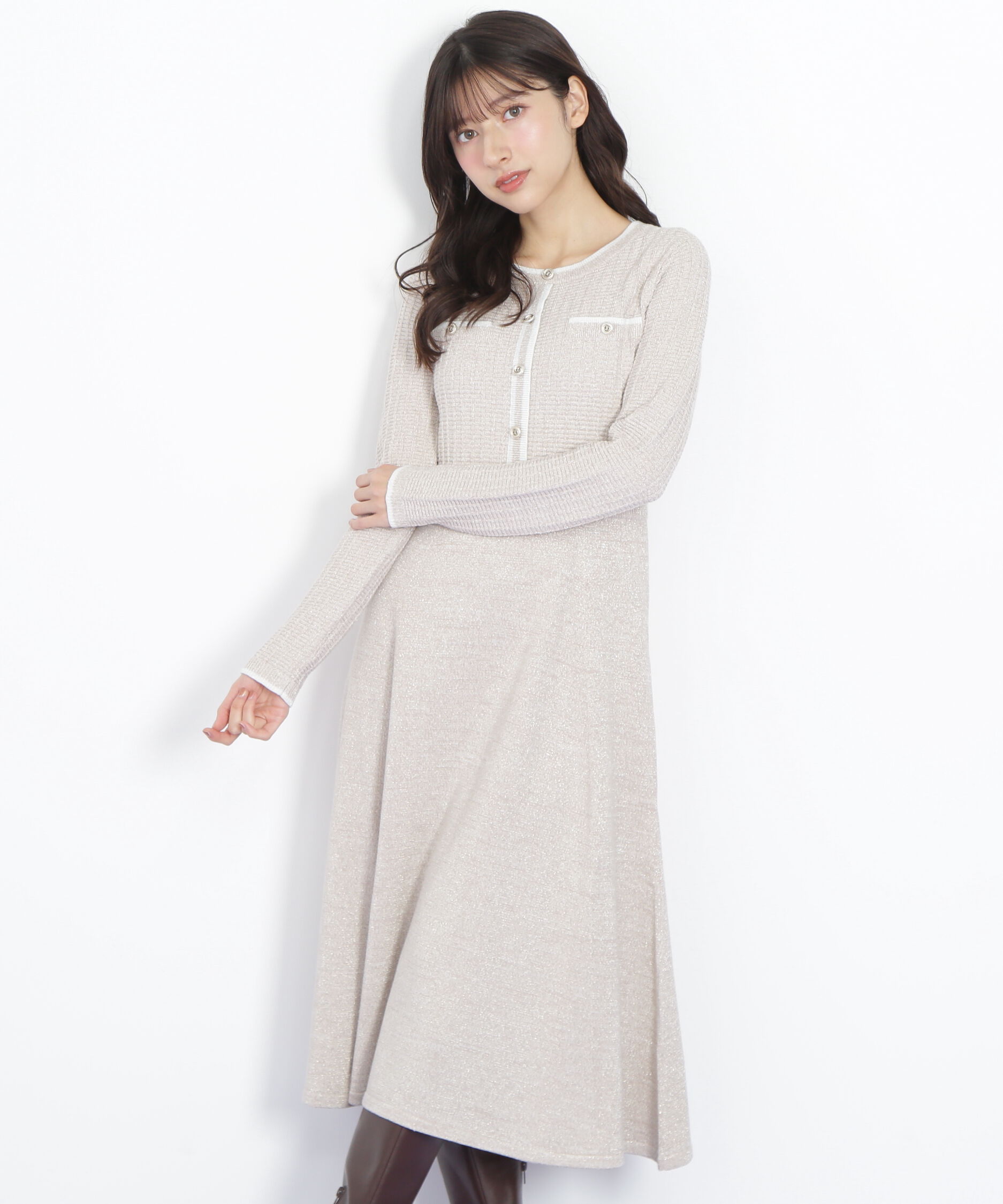  「ラメツイード配色ニットワンピース」|ワンピース|ピンク