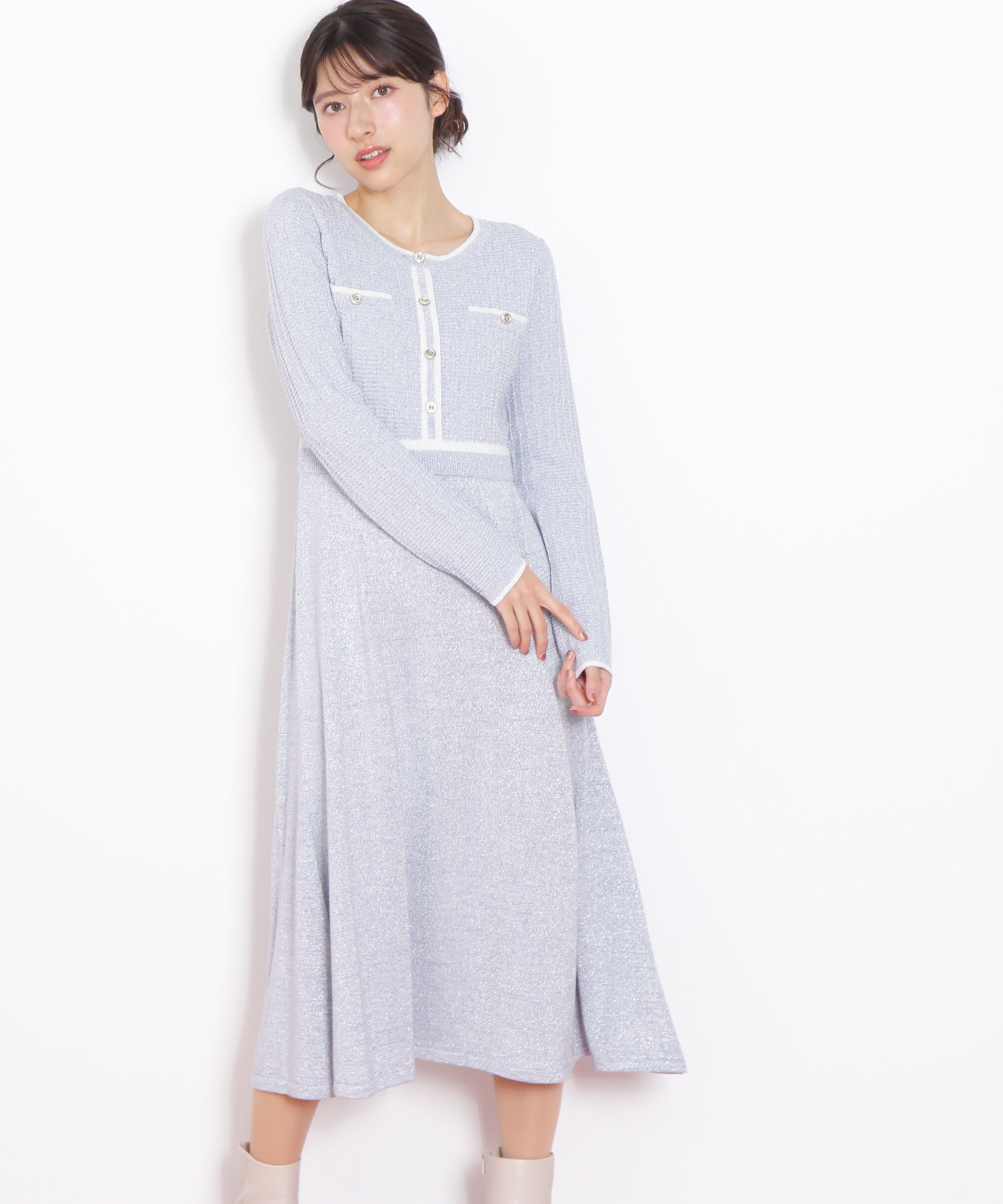  「ラメツイード配色ニットワンピース」|ワンピース|