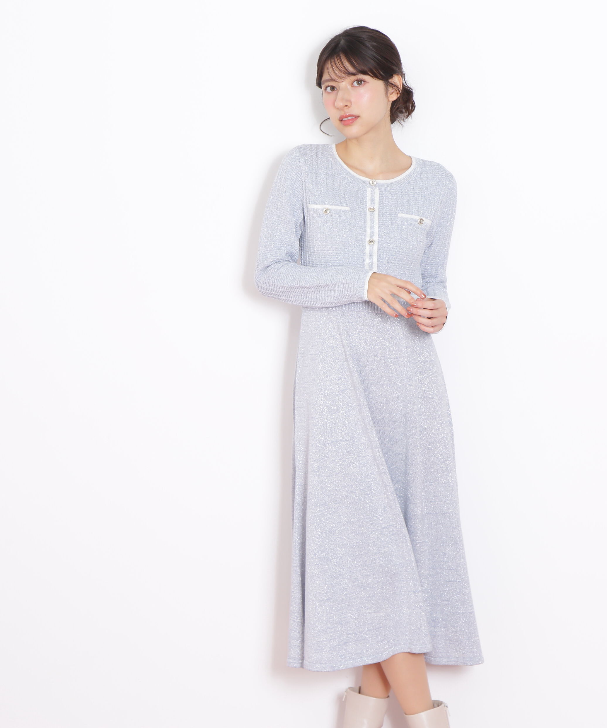  「ラメツイード配色ニットワンピース」|ワンピース|