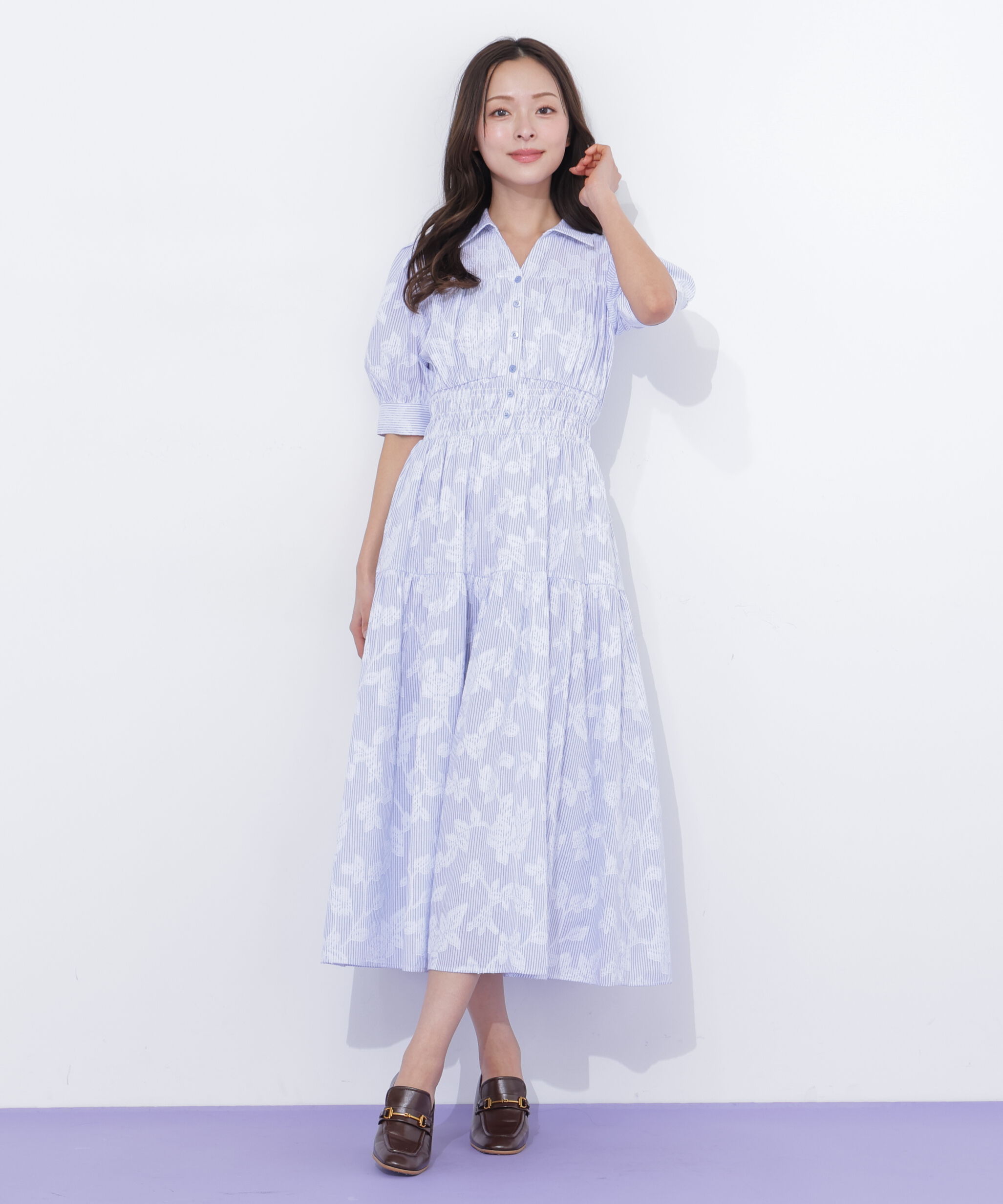  「ストライプジャガードシャツワンピース」|ワンピース|