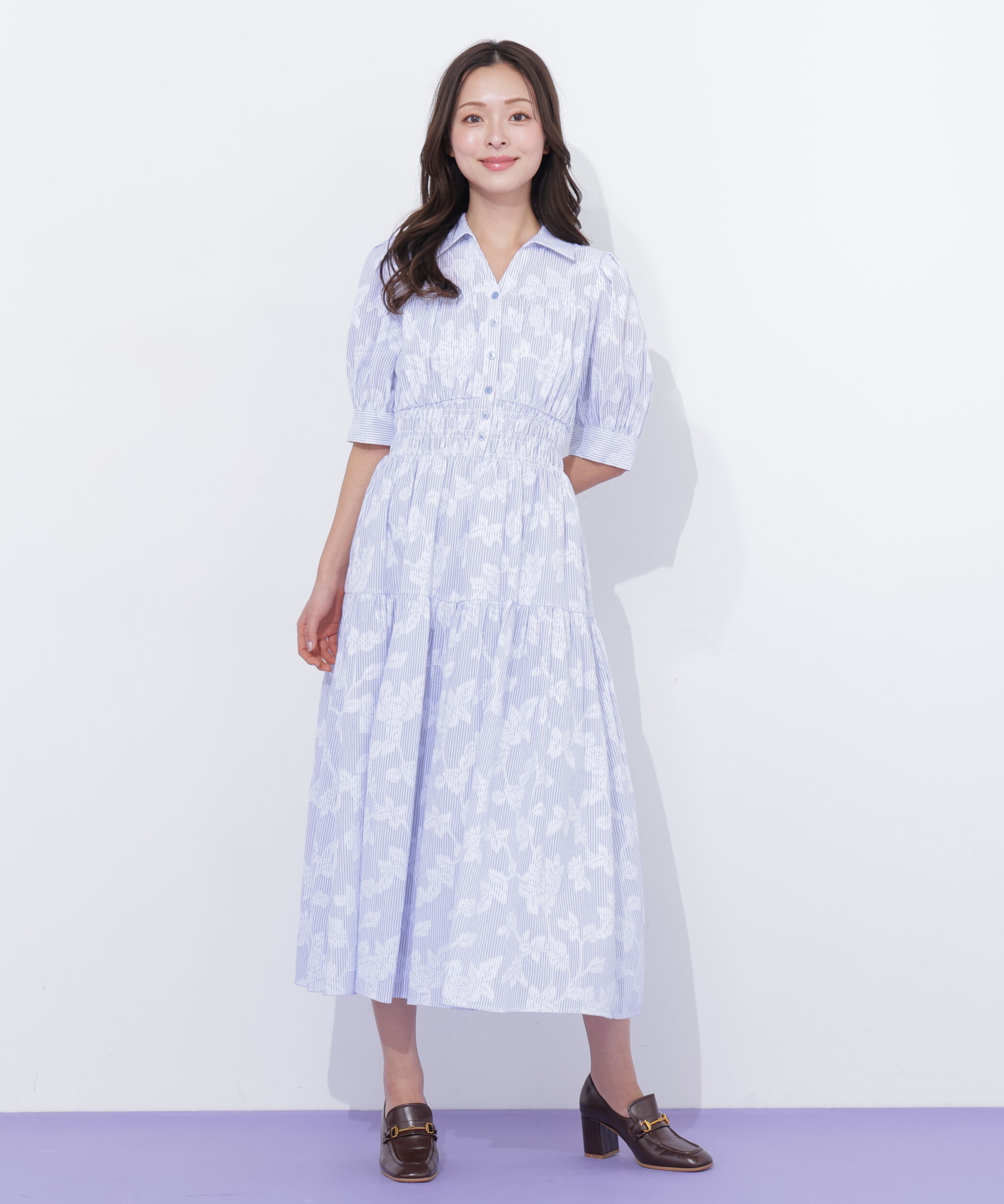  「ストライプジャガードシャツワンピース」|ワンピース|