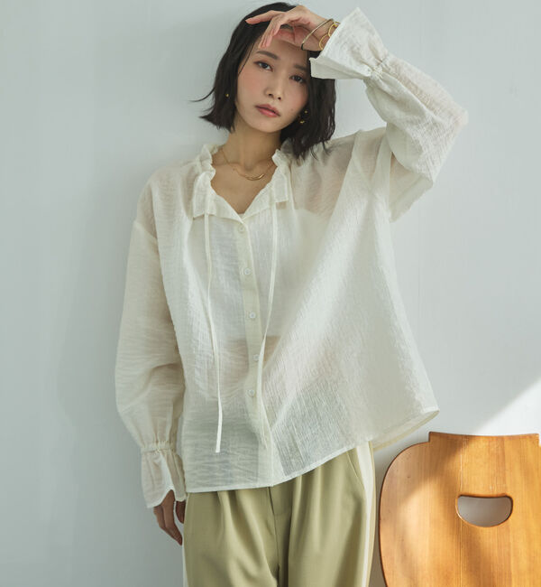 Doux archives「シアーストライプスタンドフリルブラウス」|シャツ・ブラウス|