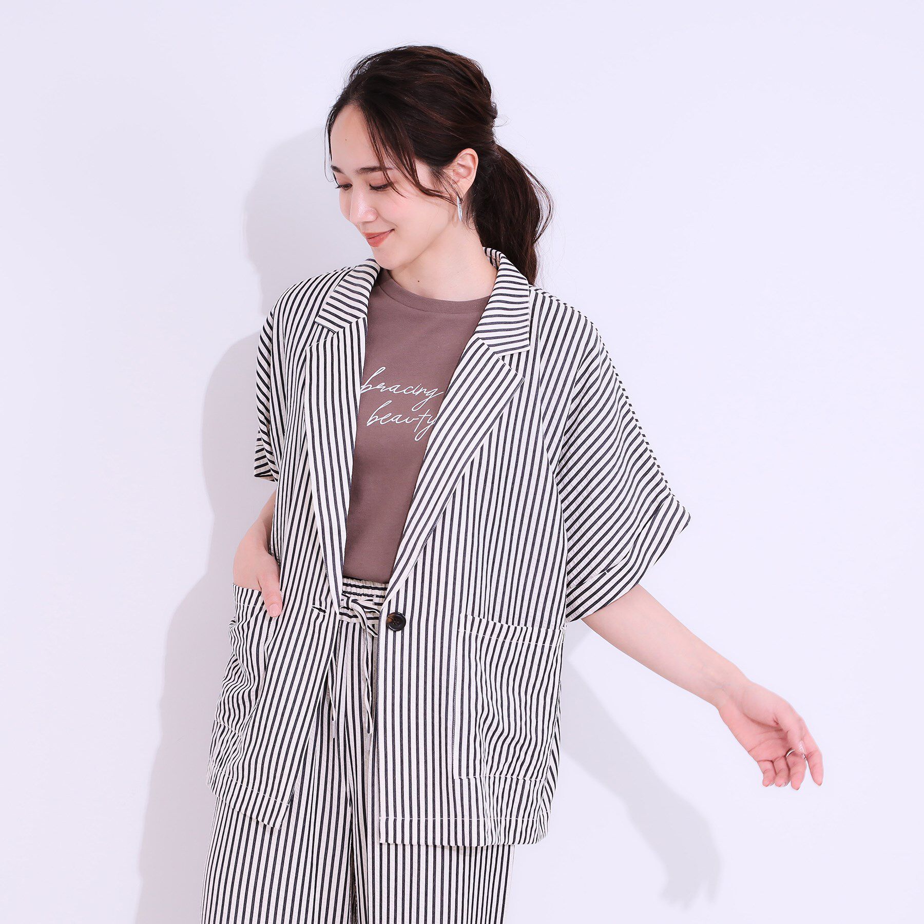 SHOO･LA･RUE「【セットアップ可能/ひんやり/吸水速乾】サッカーストライプ テーラードカラーシャツジャケット」|テーラードジャケット|