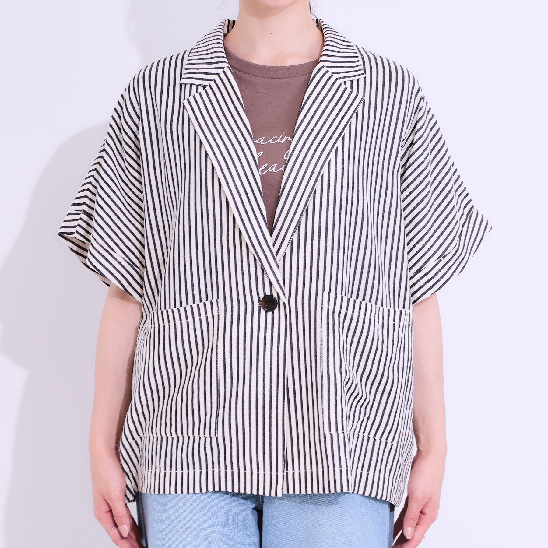 SHOO･LA･RUE「【セットアップ可能/ひんやり/吸水速乾】サッカーストライプ テーラードカラーシャツジャケット」|テーラードジャケット|