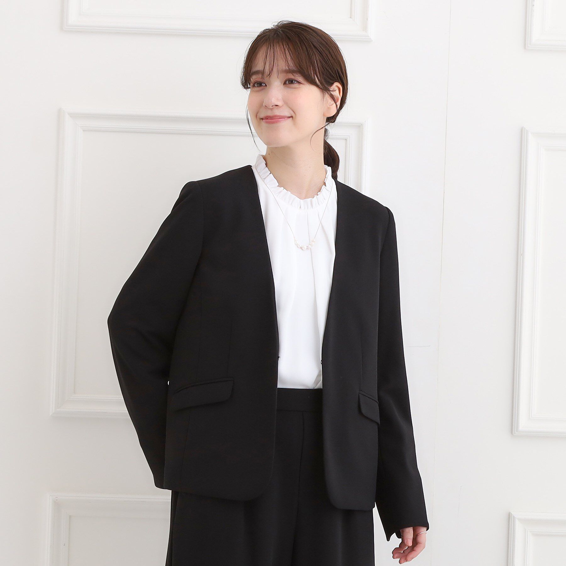 SHOO･LA･RUE「【洗濯機可/セットアップ可/S-3L】きちんと楽に。カットジョーゼットノーカラージャケット」|ノーカラージャケット|