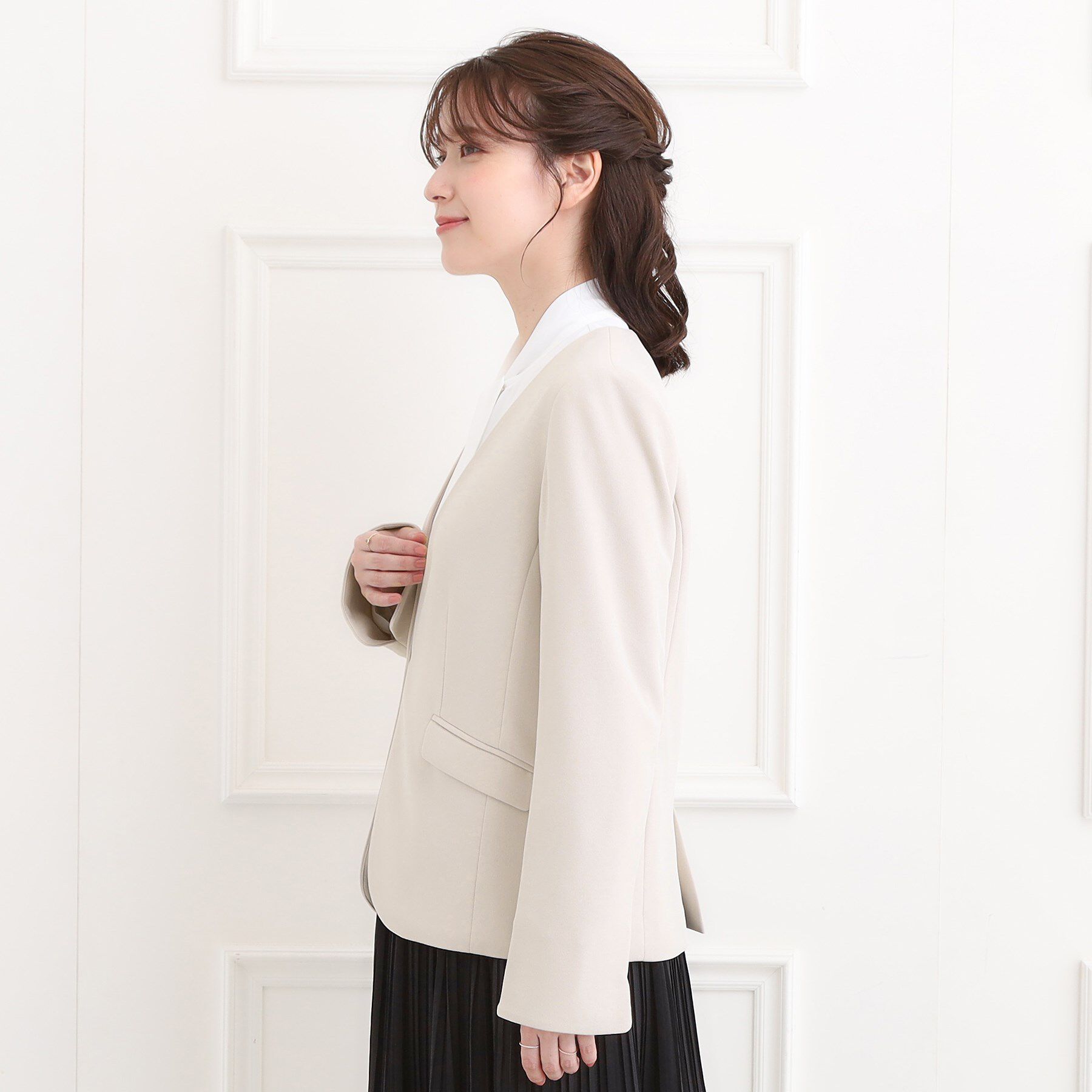 SHOO･LA･RUE「【洗濯機可/セットアップ可/S-3L】きちんと楽に。カットジョーゼットノーカラージャケット」|ノーカラージャケット|