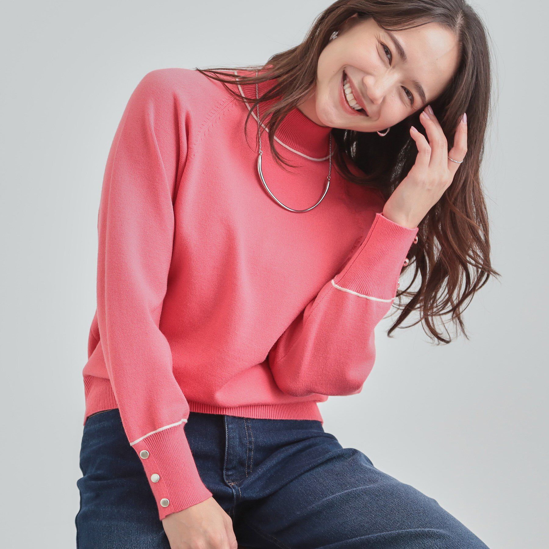 SHOO･LA･RUE「【洗濯機可/吸湿発熱】チクチクしにくいもちもちハイネックニット」|ニット・セーター|ピンク(072)