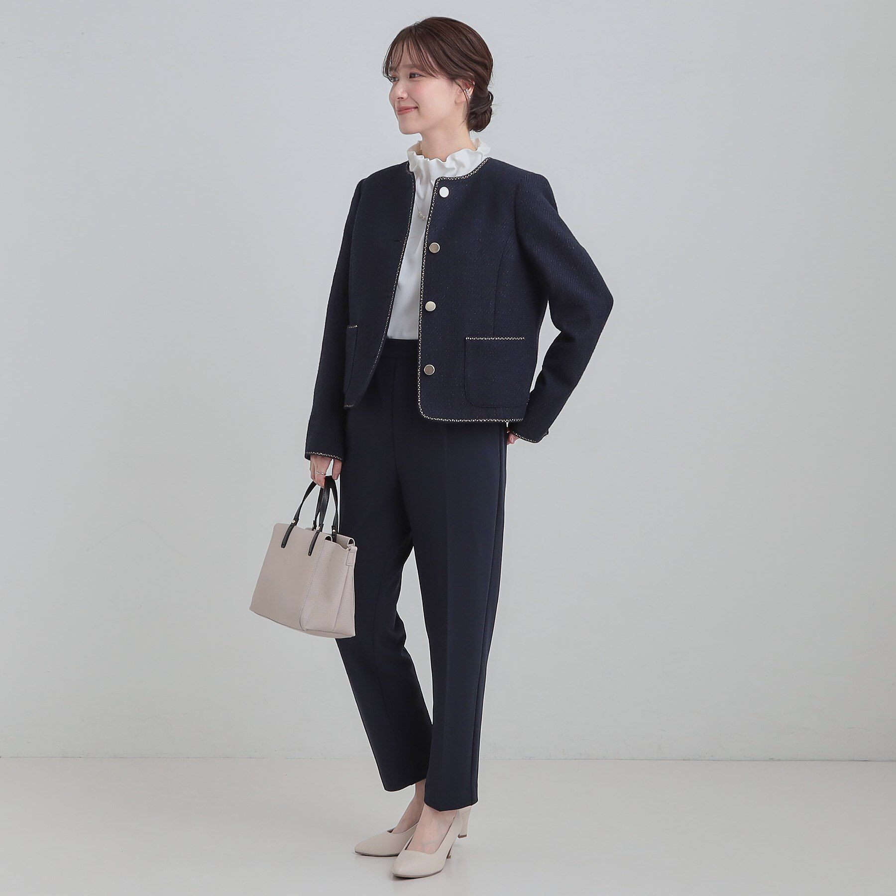 SHOO･LA･RUE「【S-3L】オンとオフで印象が変わる ライトツイードジャケット」|ノーカラージャケット|