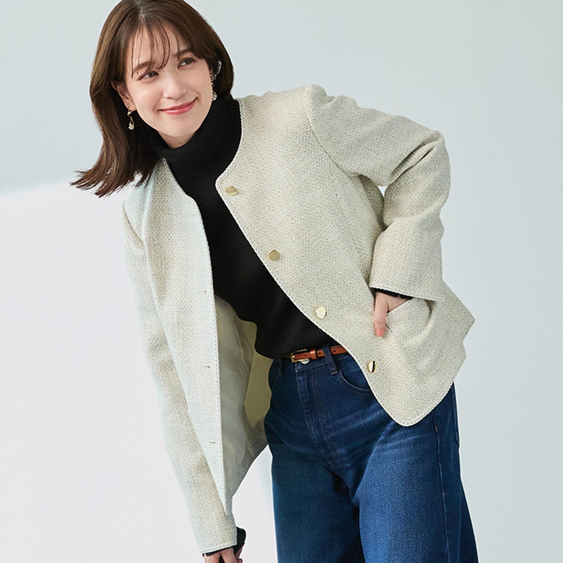 SHOO･LA･RUE「【S-3L】オンとオフで印象が変わる ライトツイードジャケット」|ノーカラージャケット|