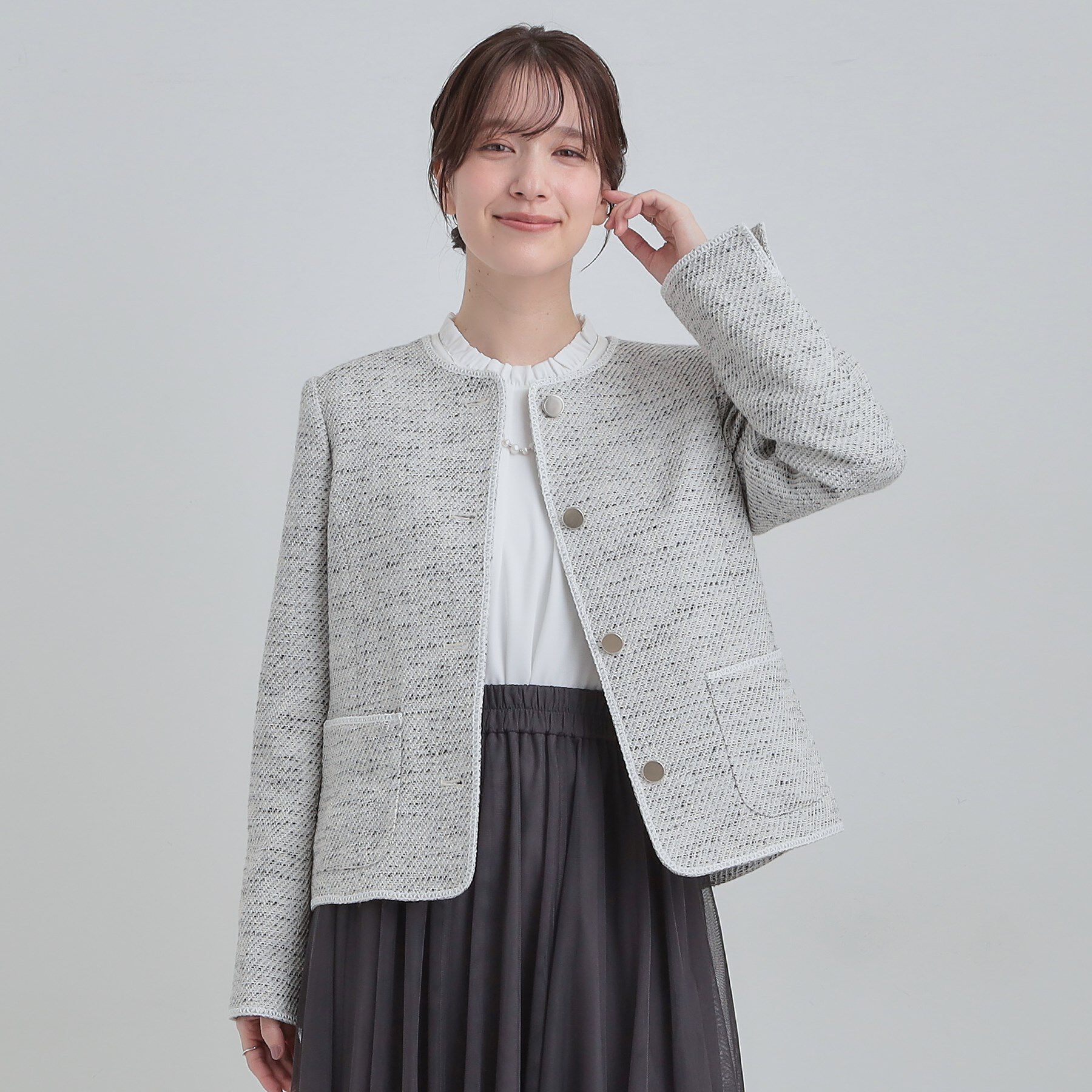 SHOO･LA･RUE「【S-3L】オンとオフで印象が変わる ライトツイードジャケット」|ノーカラージャケット|