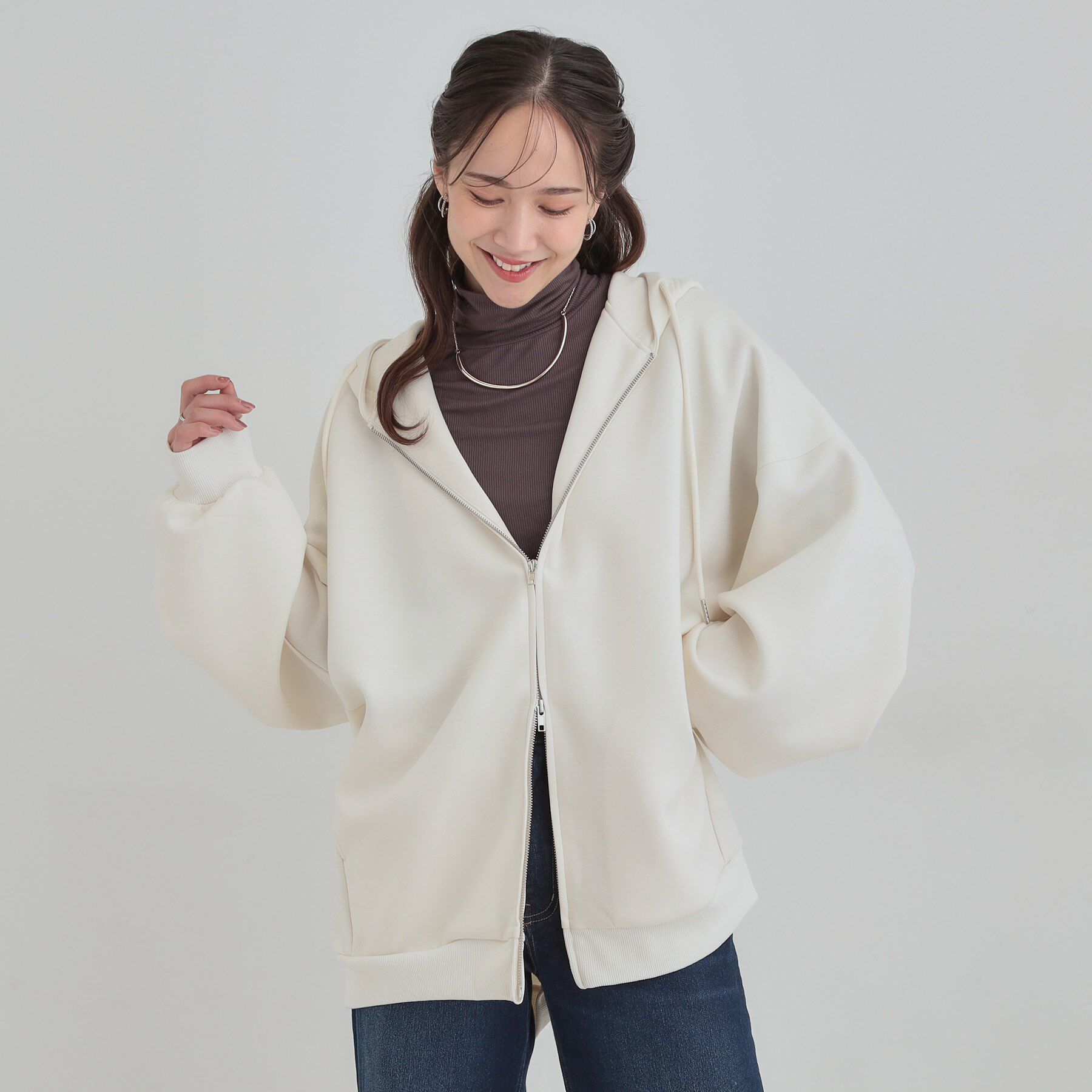 SHOO･LA･RUE「【セットアップ可/なめらかタッチ】ダブルジップでおしゃれ見え オーバーサイズゆるパーカ」|パーカー|