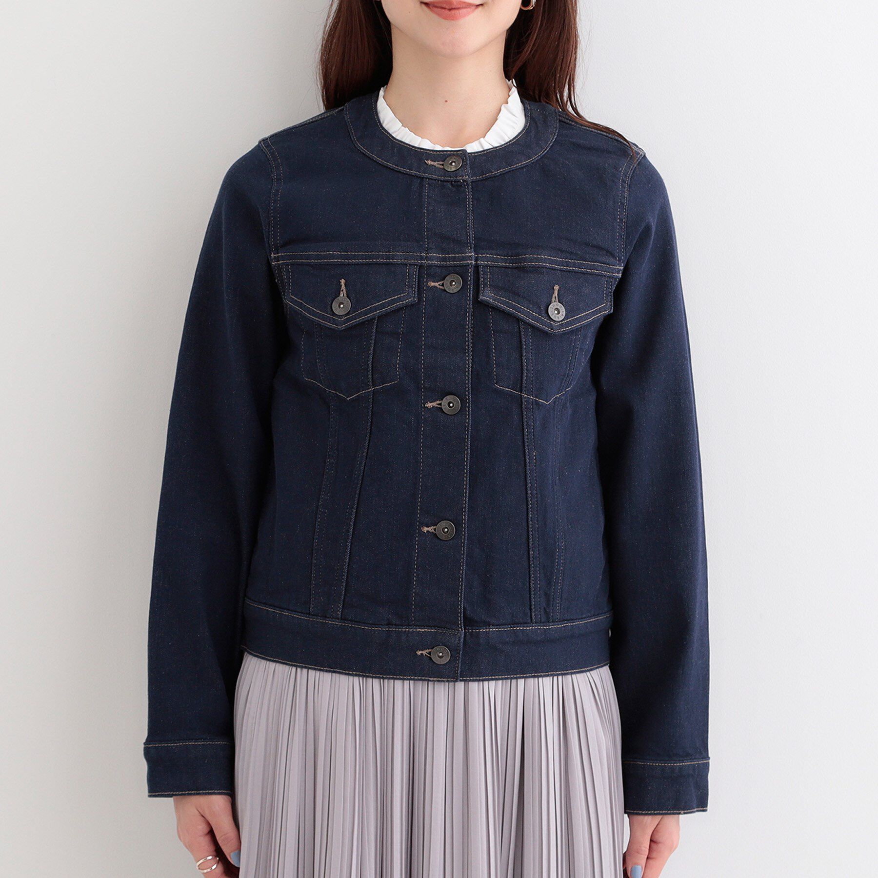 SHOO･LA･RUE「【SHOO・LA・RUE DENIM/S-LL/高レビュー】大人のための ノーカラーデニムジャケット」|デニムジャケット|