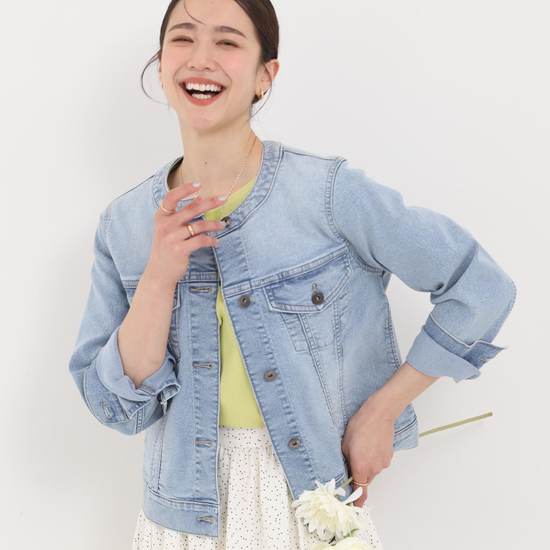 SHOO･LA･RUE「【SHOO・LA・RUE DENIM/S-LL/高レビュー】大人のための ノーカラーデニムジャケット」|デニムジャケット|ブルー(091)