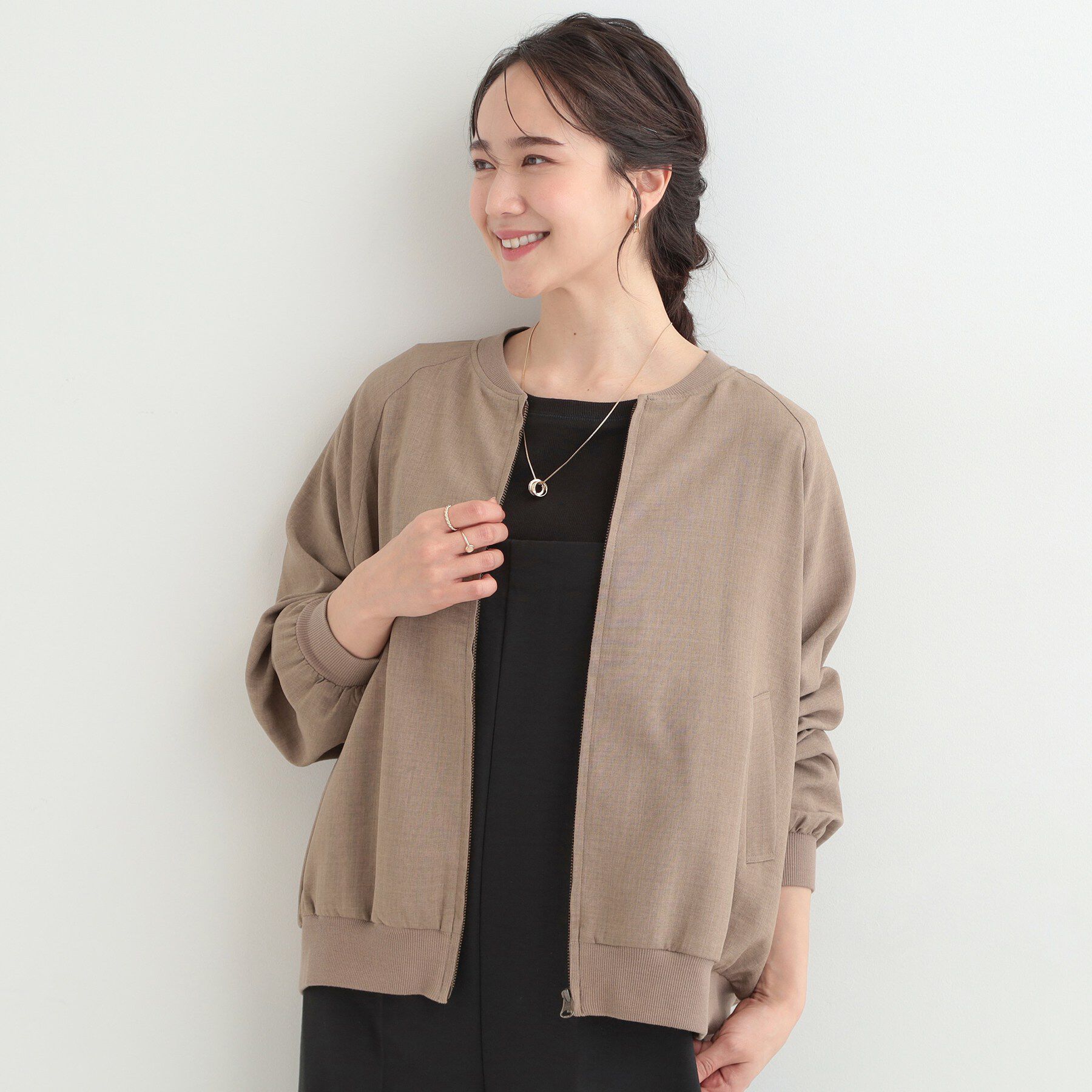 SHOO･LA･RUE「【洗濯機可/S-LL】さらっと快適　麻調ゆるリブブルゾン」|ブルゾン・スタジャン|