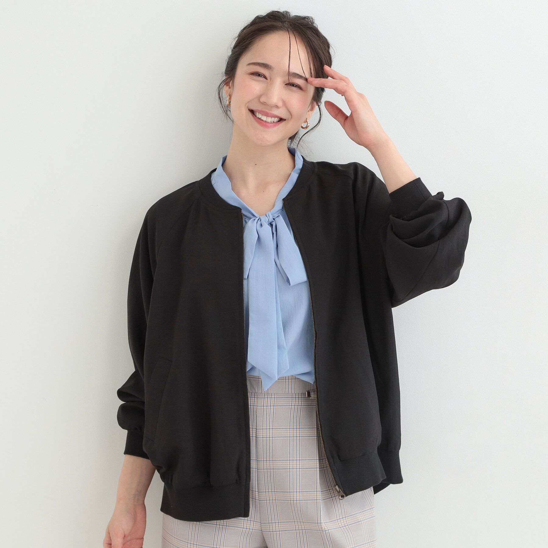 SHOO･LA･RUE「【洗濯機可/S-LL】さらっと快適　麻調ゆるリブブルゾン」|ブルゾン・スタジャン|