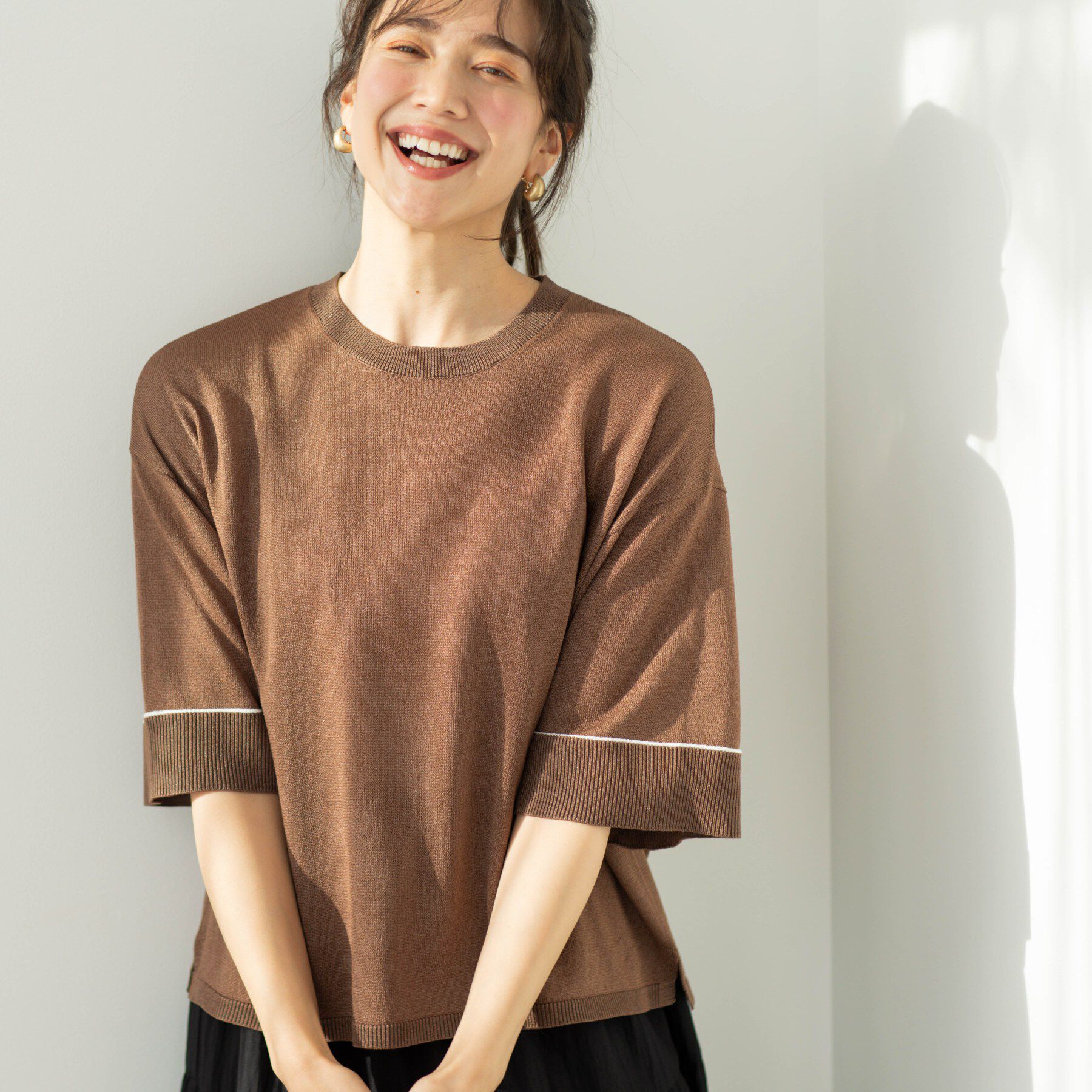 SHOO･LA･RUE「配色ラインニットTシャツ」|ニット・セーター|ブラウン(043)