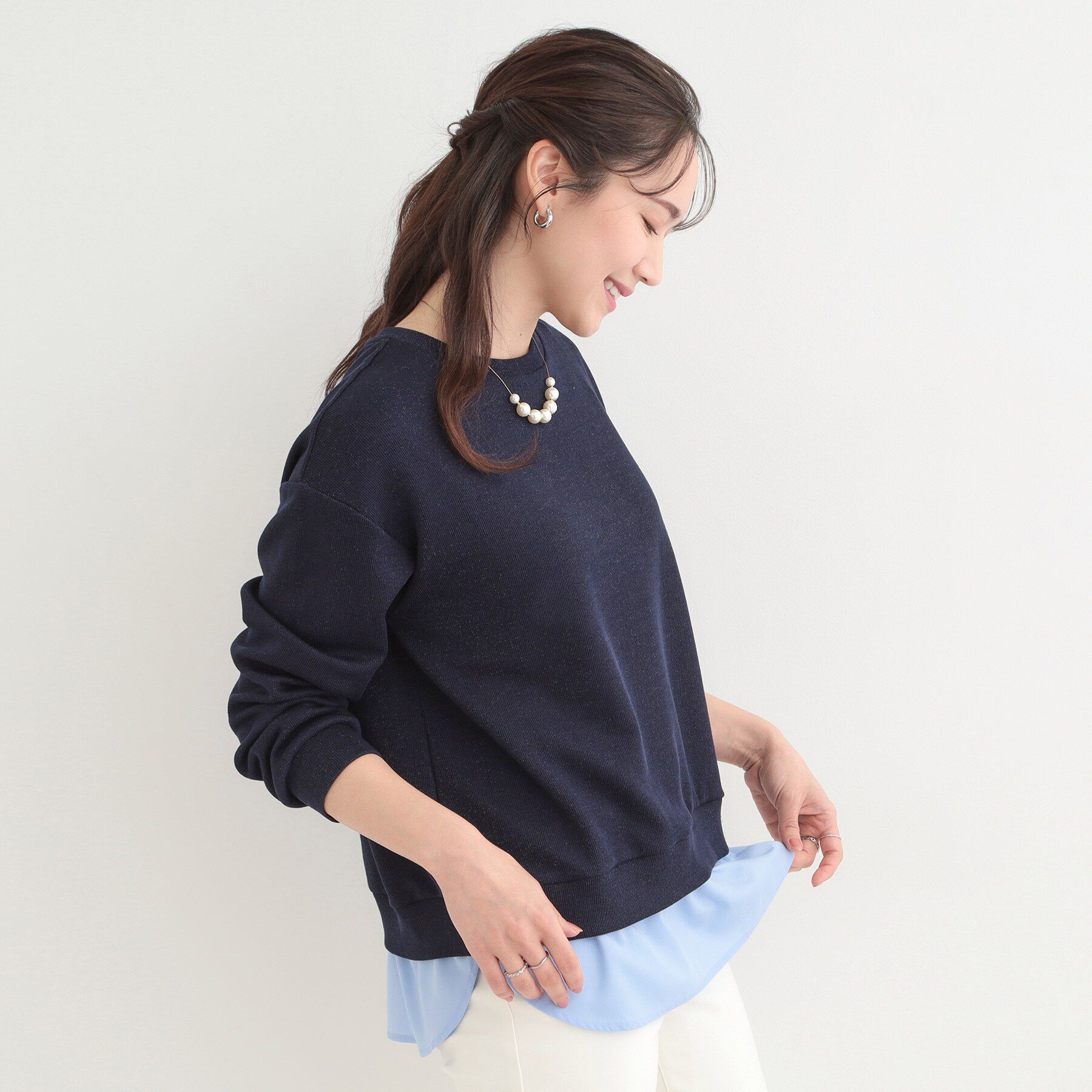 SHOO･LA･RUE「【洗濯機可/S-LL】1枚でサマ見え ラメニットソー レイヤード風トップス」|Tシャツ・カットソー|