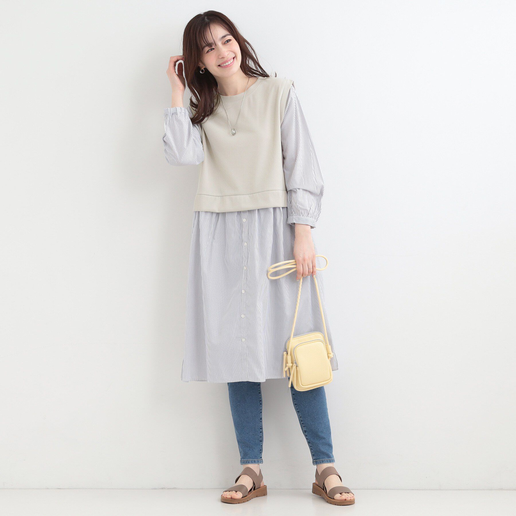 SHOO･LA･RUE「【S-LL/体型カバー】ストライプが爽やか　ベストドッキングシャツワンピース」|ワンピース|