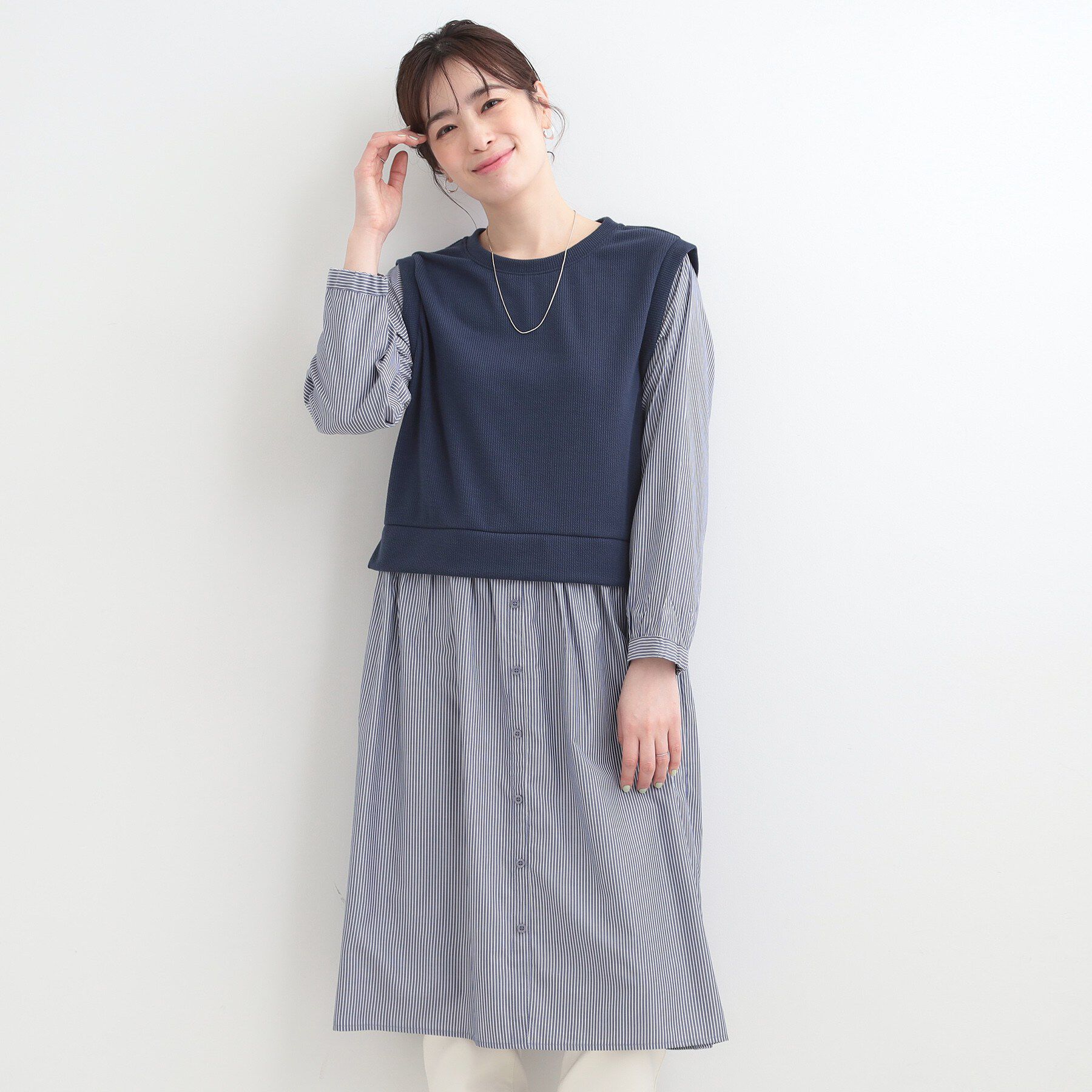 SHOO･LA･RUE「【S-LL/体型カバー】ストライプが爽やか　ベストドッキングシャツワンピース」|ワンピース|