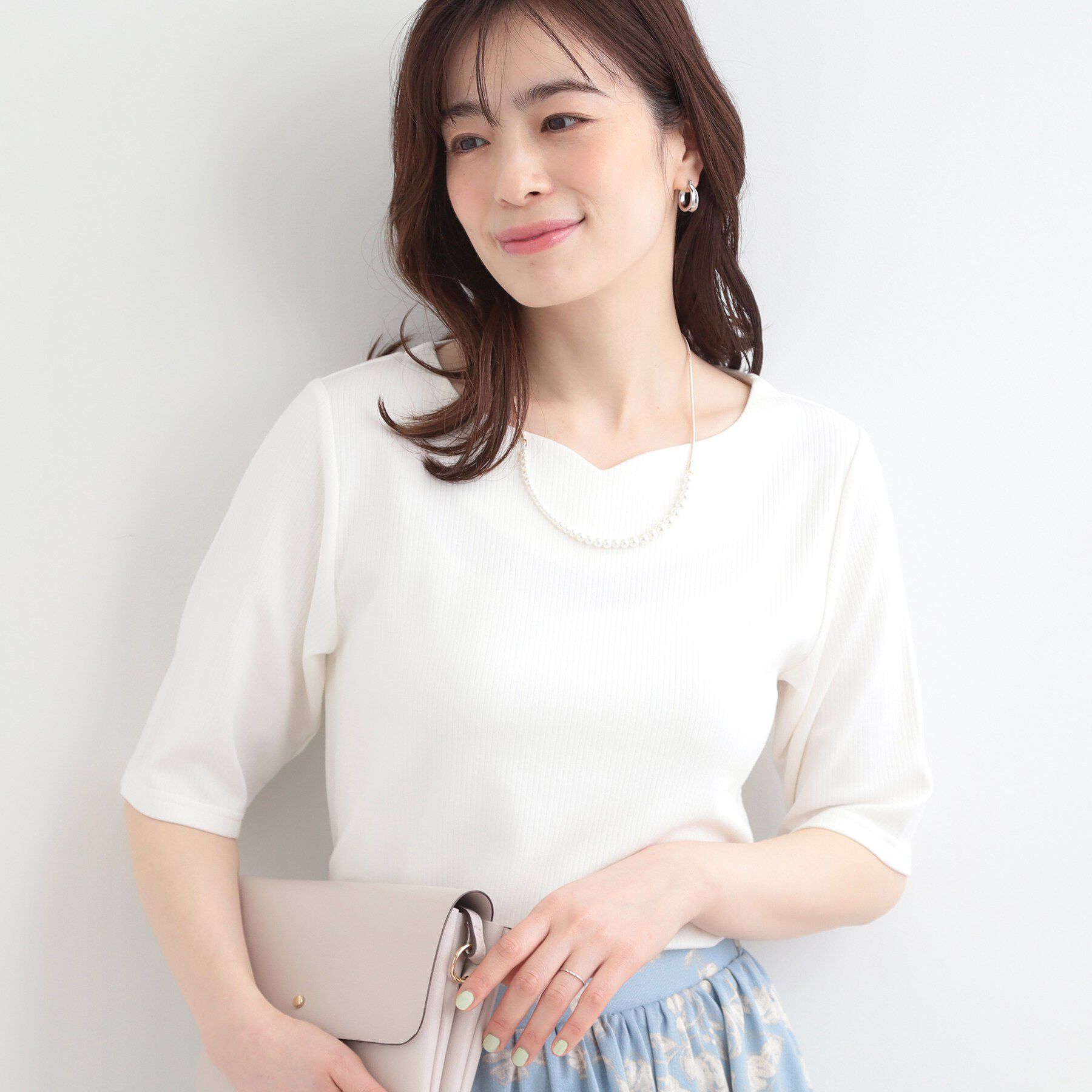 SHOO･LA･RUE「【ネックアソート】裏ひんやりテレコ5分袖トップス」|Tシャツ・カットソー|ホワイト(101)