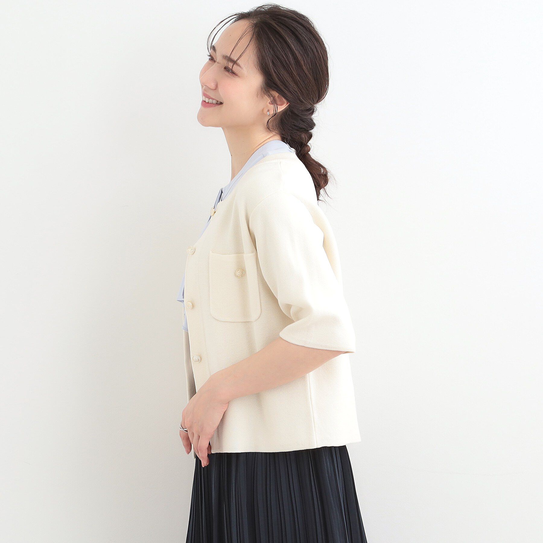 SHOO･LA･RUE「【S-LL/洗濯機可】金ボタン5分袖カーディガン」|カーディガン|