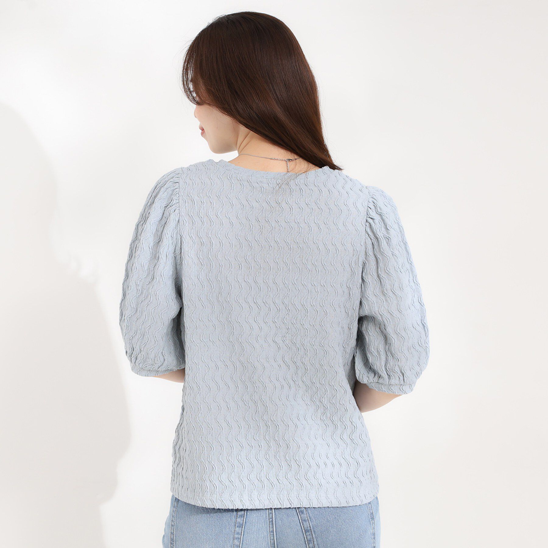 SHOO･LA･RUE「【洗濯機可/S-LL】ウェーブ柄ジャカード パフスリーブトップス」|Tシャツ・カットソー|