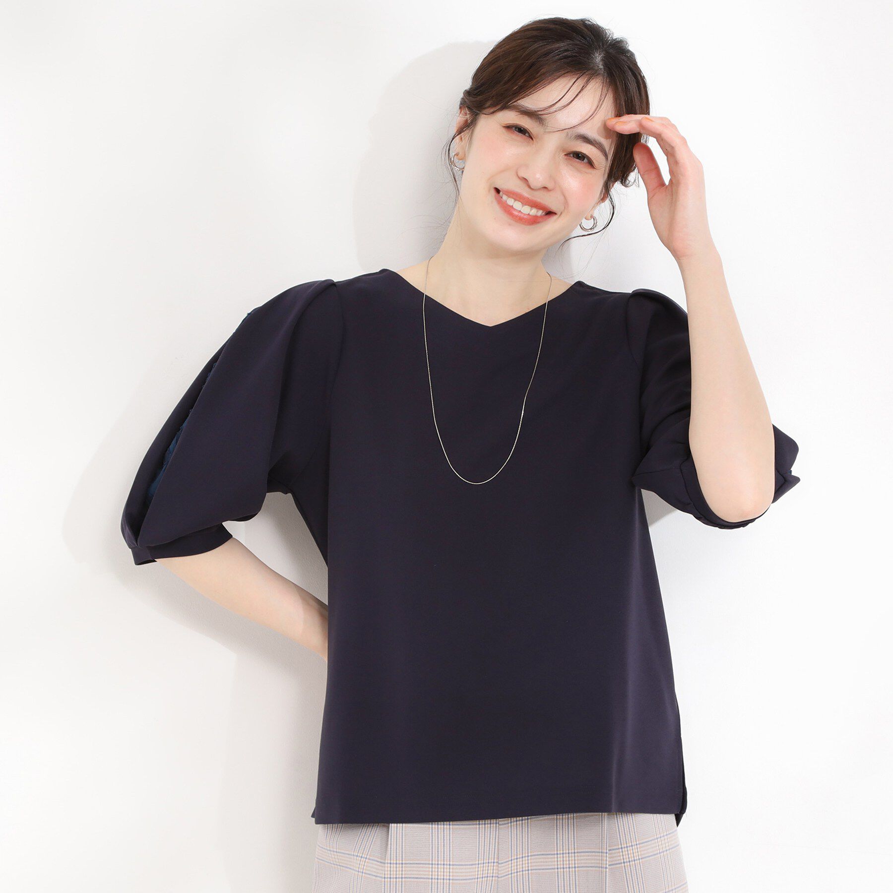 SHOO･LA･RUE「【洗濯機可/S-LL/ストレッチ】スリットレーススリーブトップス」|Tシャツ・カットソー|