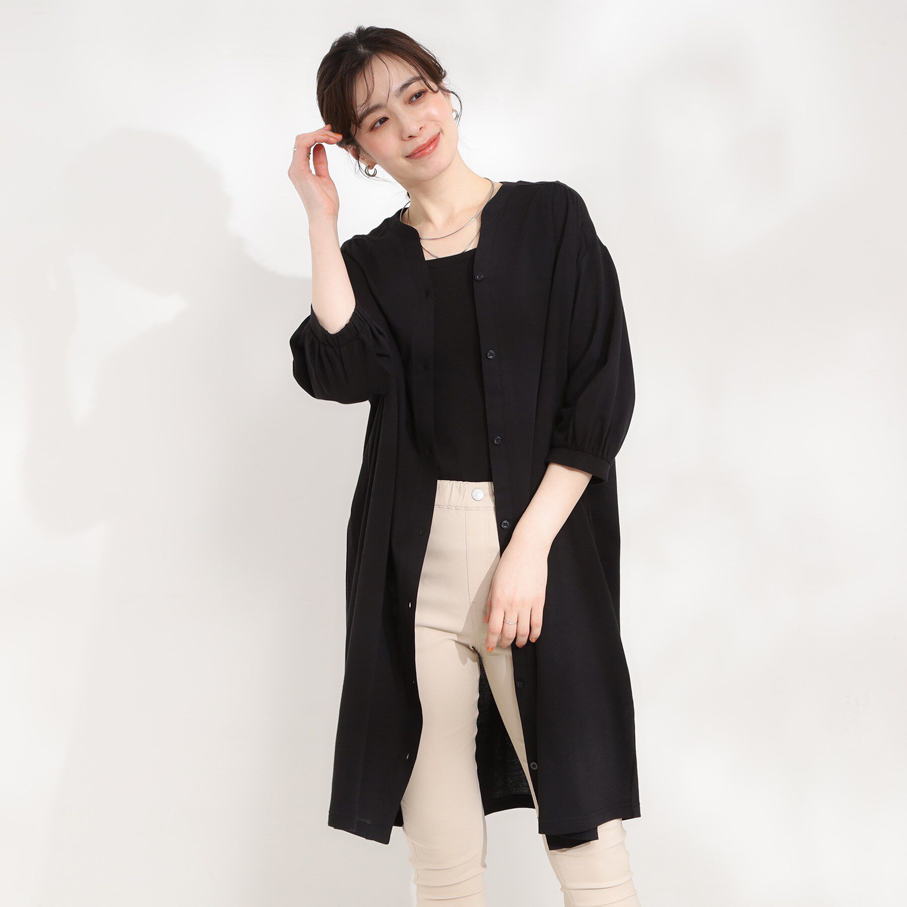 SHOO･LA･RUE「【洗濯機可/S-LL】カットツイルキーネックシャツワンピ」|ワンピース|