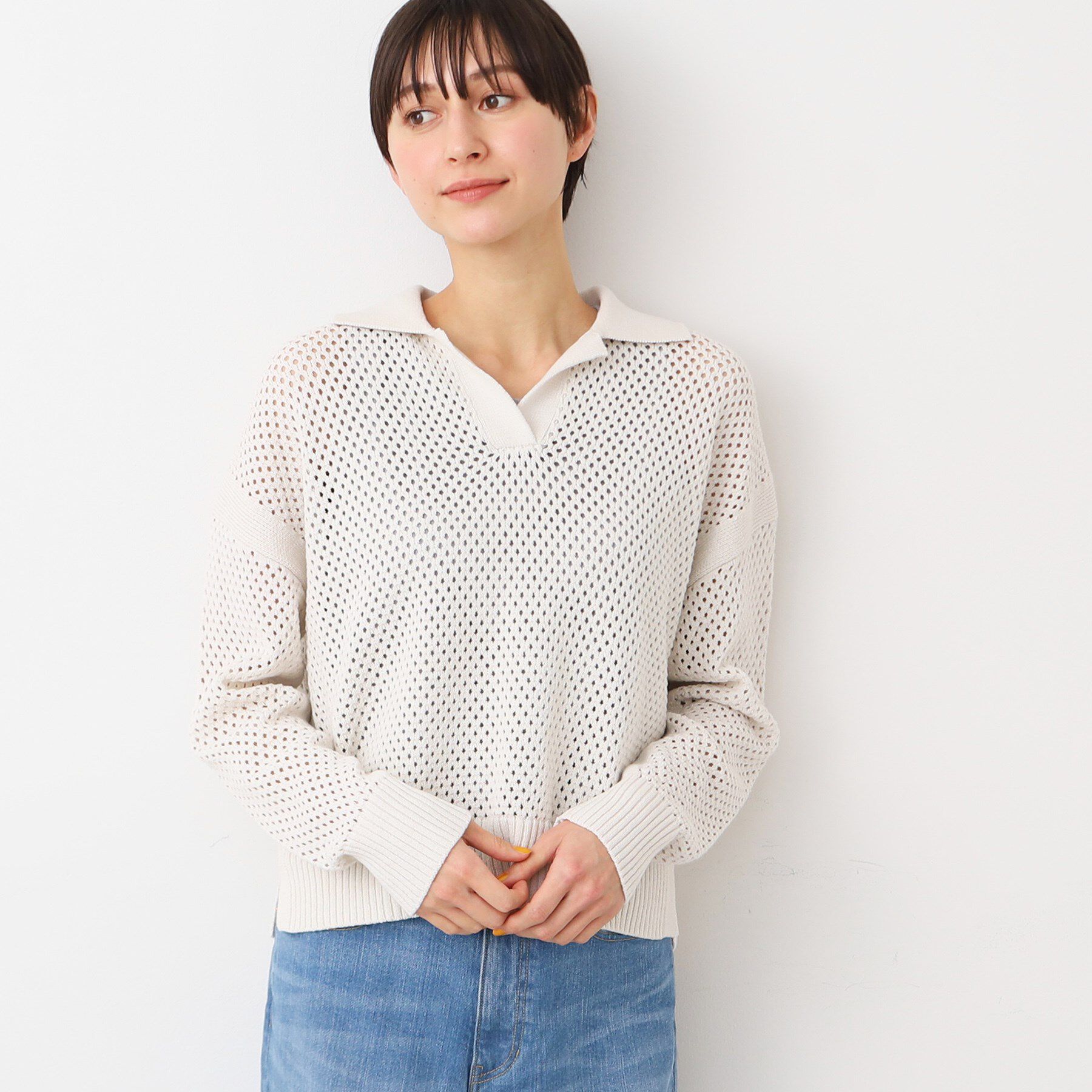 Dessin「【洗える】襟付きメッシュニット」|ニット・セーター|ホワイト(002)