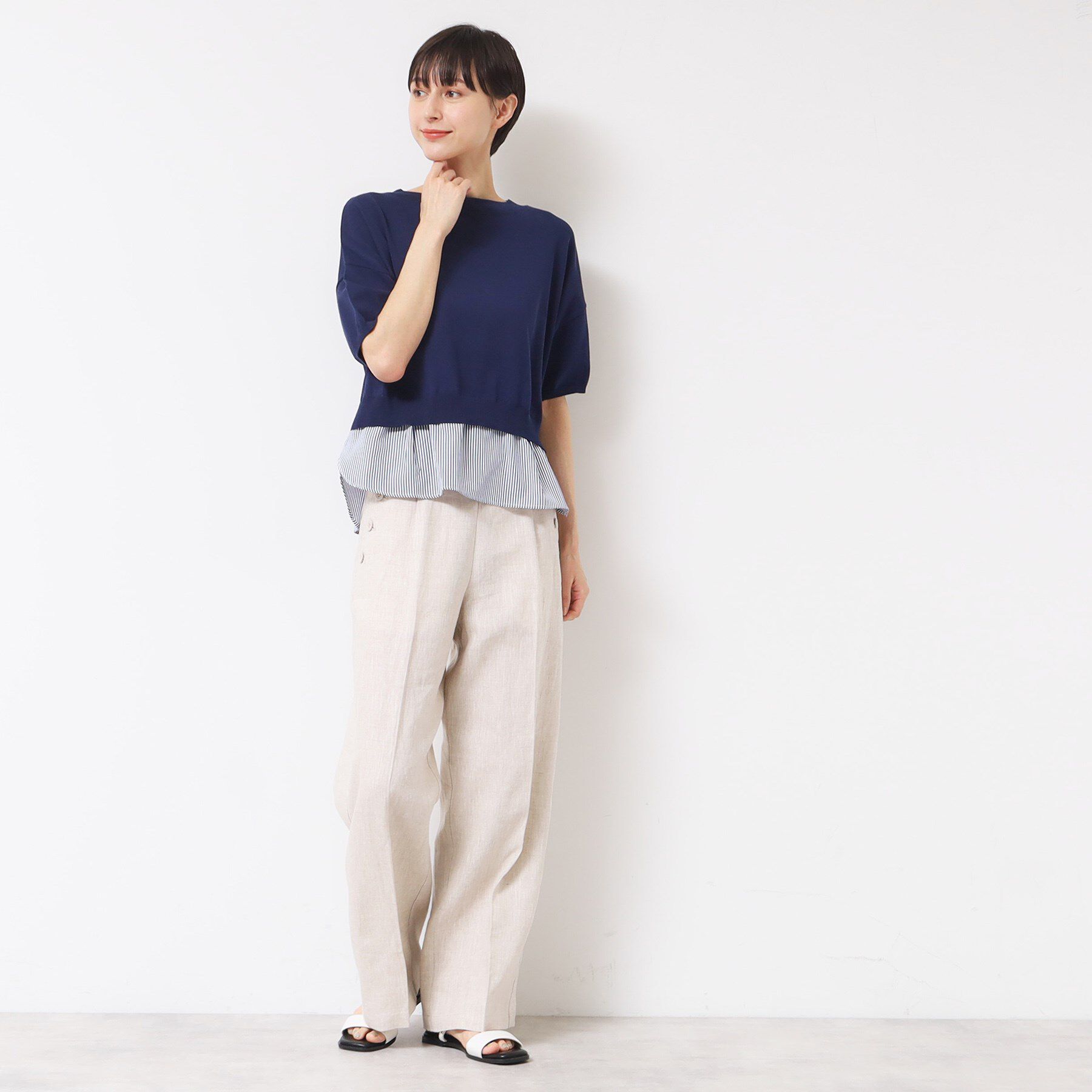 Dessin「【洗える】シャツレイヤード風五分袖ニット」|ニット・セーター|