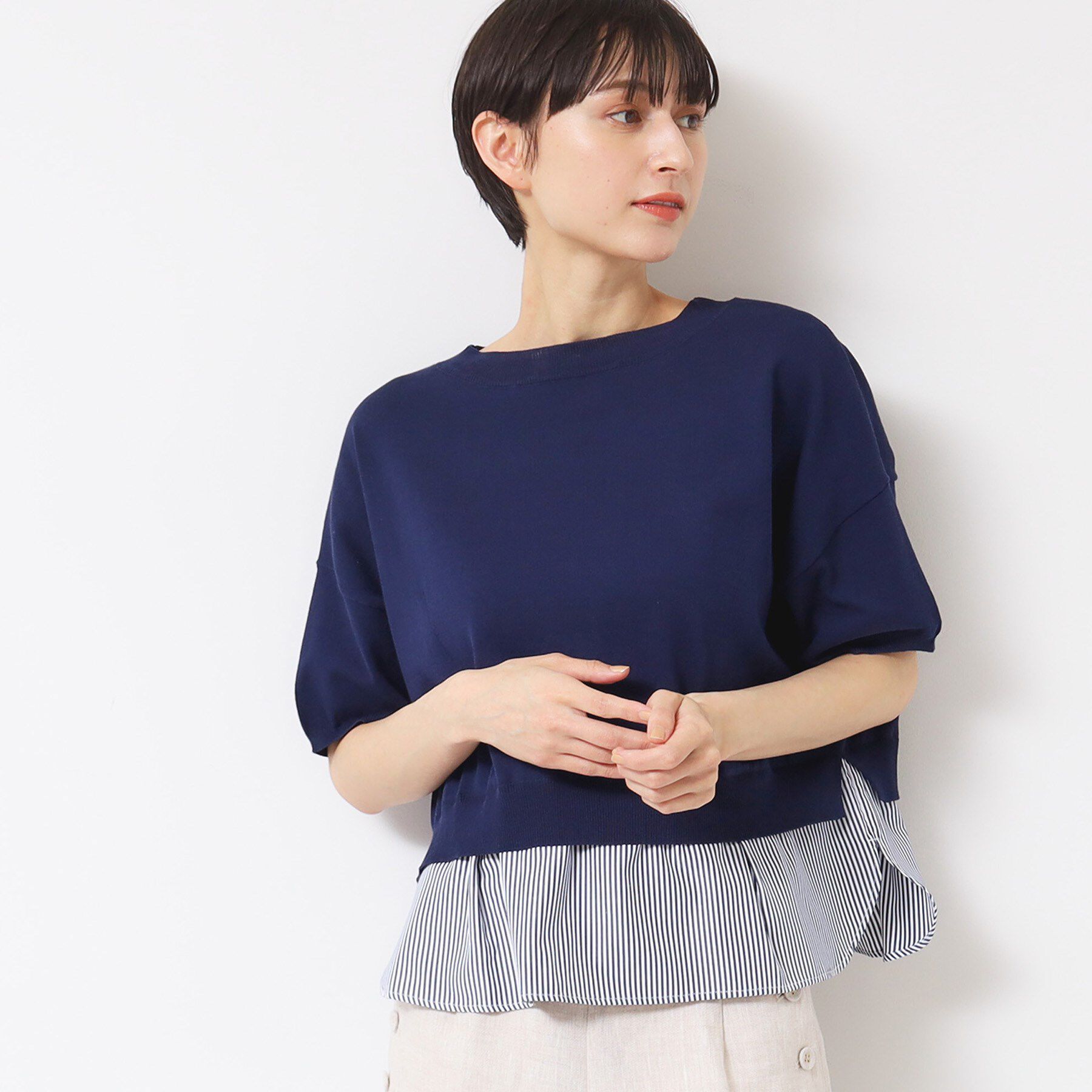 Dessin「【洗える】シャツレイヤード風五分袖ニット」|ニット・セーター|ブルー(593)