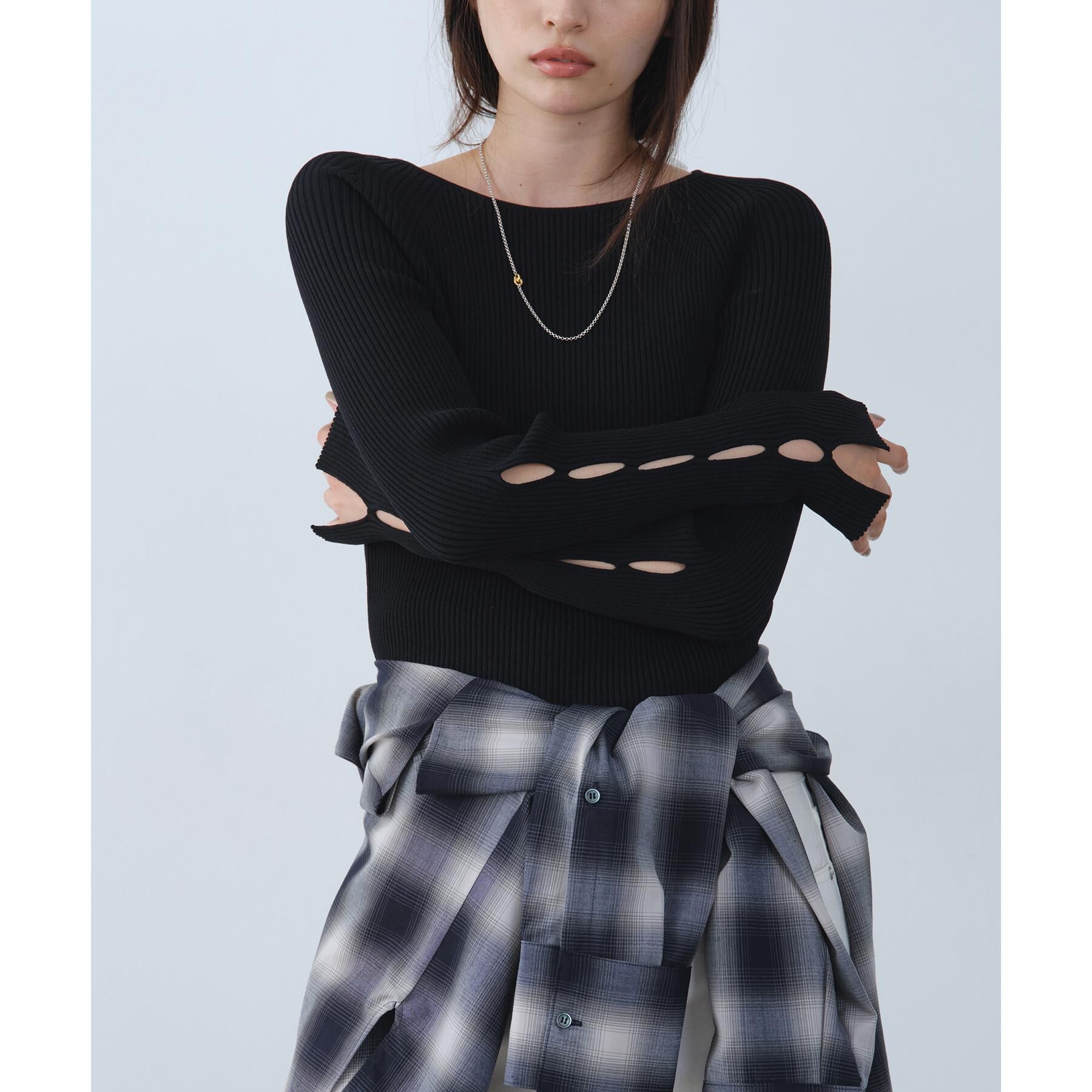 CODE A「hole sleeve knit」|ニット・セーター|ブラック(019)