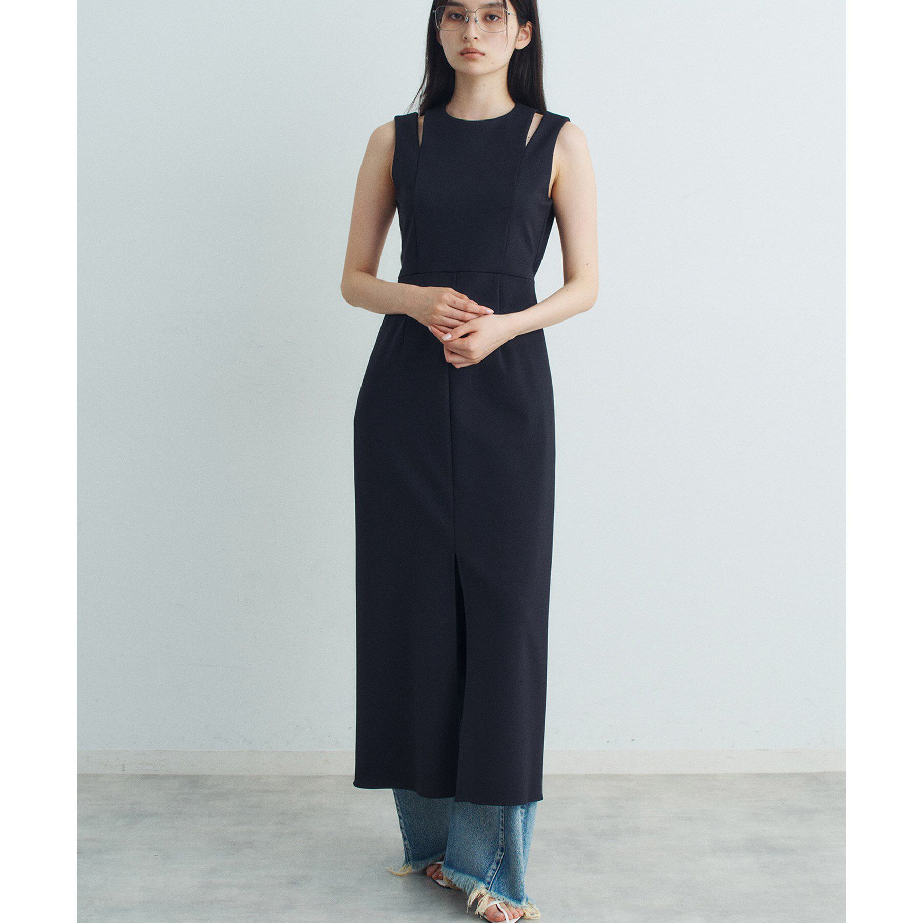 CODE A「slit jersey dress」|ワンピース|ブラック(019)