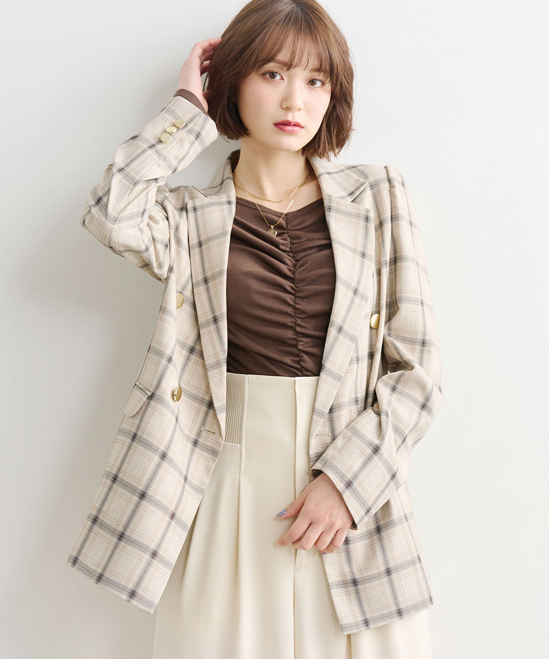 COCO DEAL「パフスリーブジャケット」|テーラードジャケット|ベージュチェック