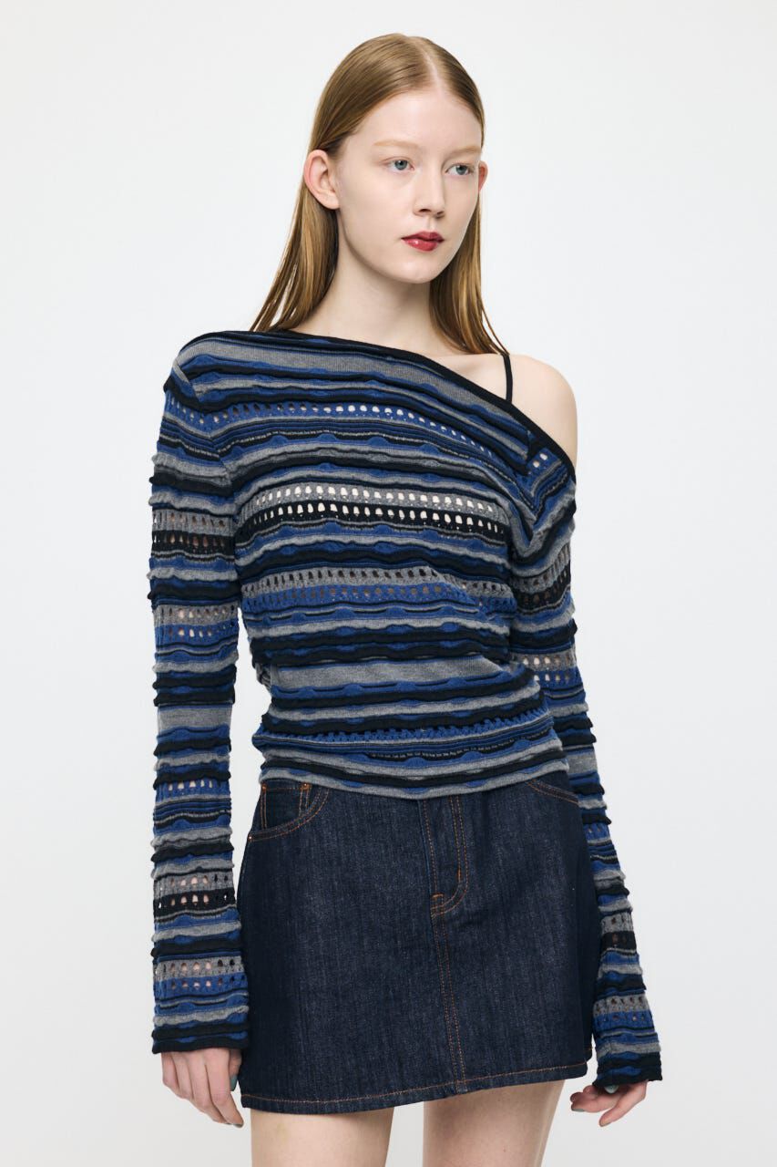 MOUSSY「RANDOM STRIPE OFF SHOULDER トップス」|ニット・セーター|
