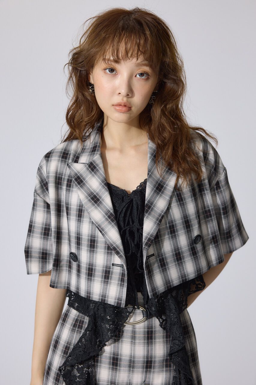 rienda「チェッククロップドハーフスリーブジャケット」|その他|
