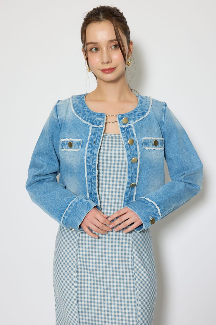 rienda「ノーカラーフリンジデニムジャケット」|デニムジャケット|