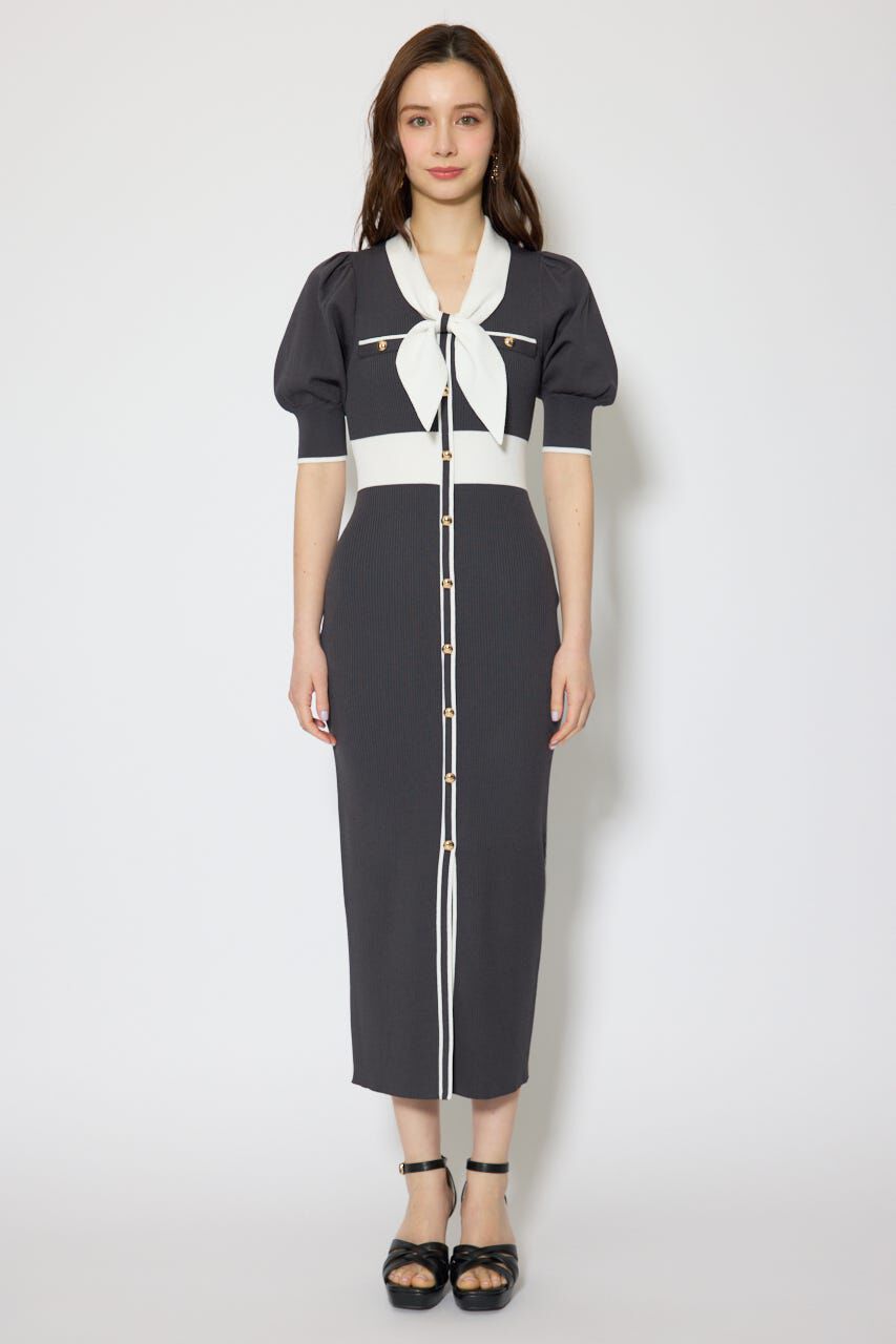 rienda「バイカラーパフスリーブタイトニットワンピース」|ワンピース|