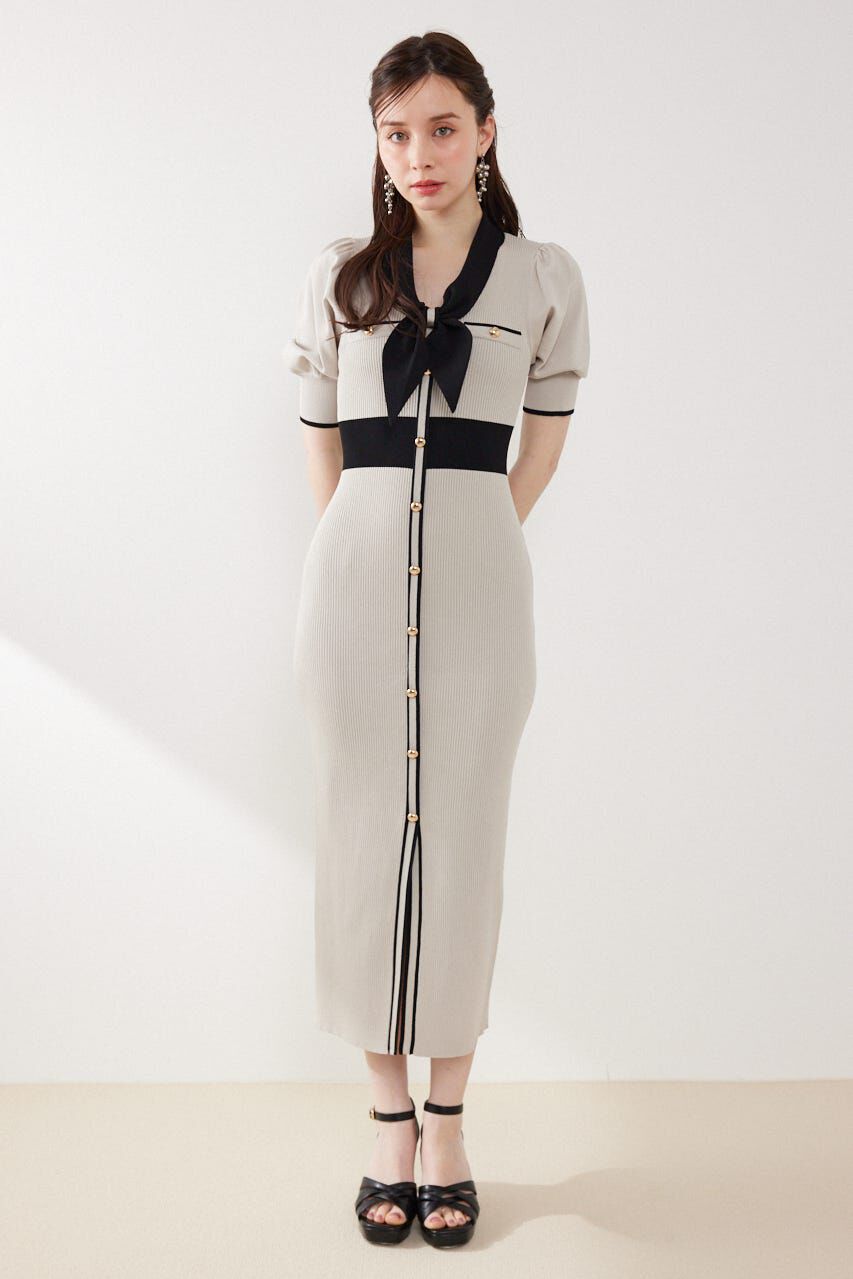 rienda「バイカラーパフスリーブタイトニットワンピース」|ワンピース|BEG