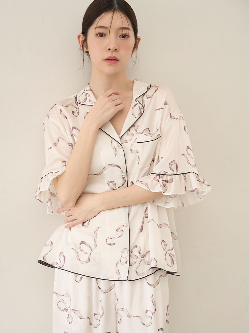 SNIDEL HOME「【Luxshine】【接触冷感】フリルリボン開襟シャツ」|ルームウェア|