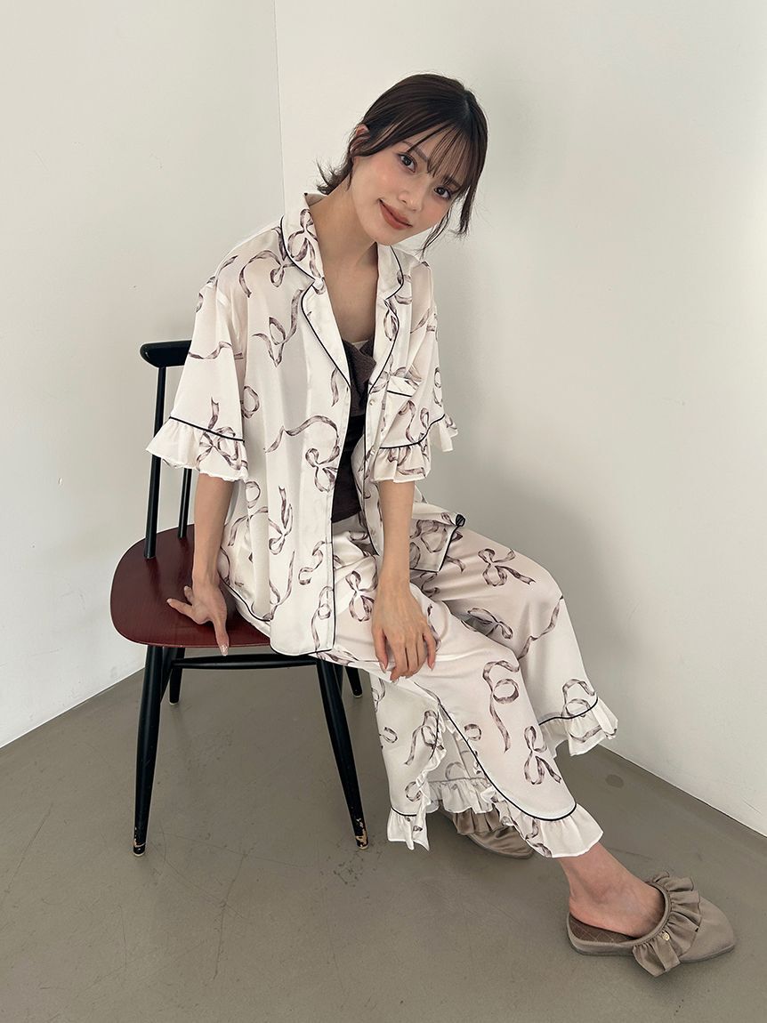 SNIDEL HOME「【Luxshine】【接触冷感】フリルリボン開襟シャツ」|ルームウェア|