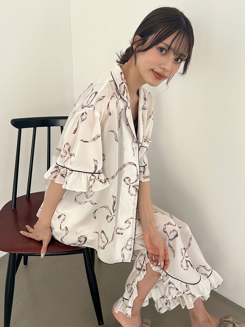 SNIDEL HOME「【Luxshine】【接触冷感】フリルリボン開襟シャツ」|ルームウェア|