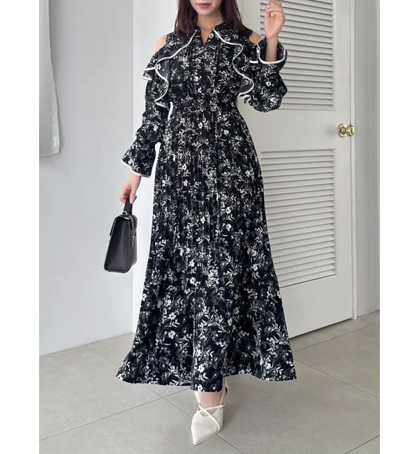 dazzlin「オープンショルダーフラワープリーツワンピース」|ワンピース|ブラック