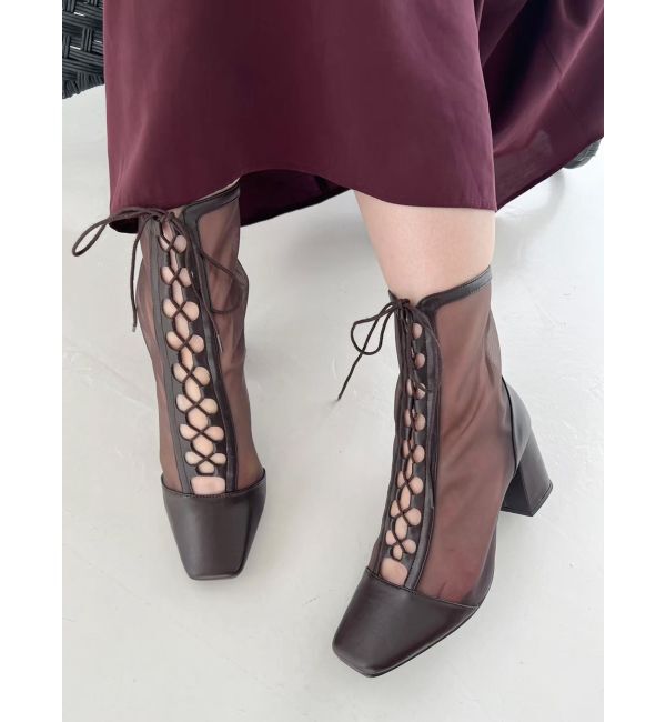 MERCURYDUO「レースアップメッシュブーツ」|ショートブーツ|ブラウン