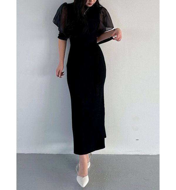 MERCURYDUO「異素材スリーブリブマーメイドワンピース」|ワンピース|ブラック