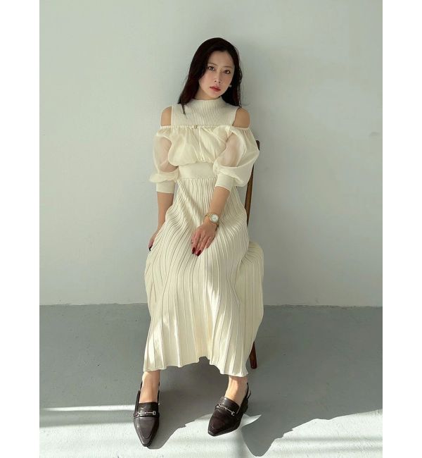 MERCURYDUO「異素材ドッキングプリーツフレアニットワンピース」|ワンピース|