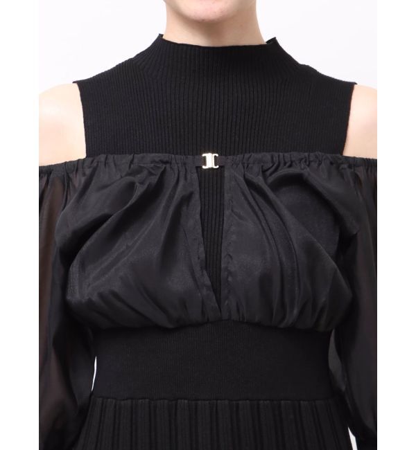 MERCURYDUO「異素材ドッキングプリーツフレアニットワンピース」|ワンピース|