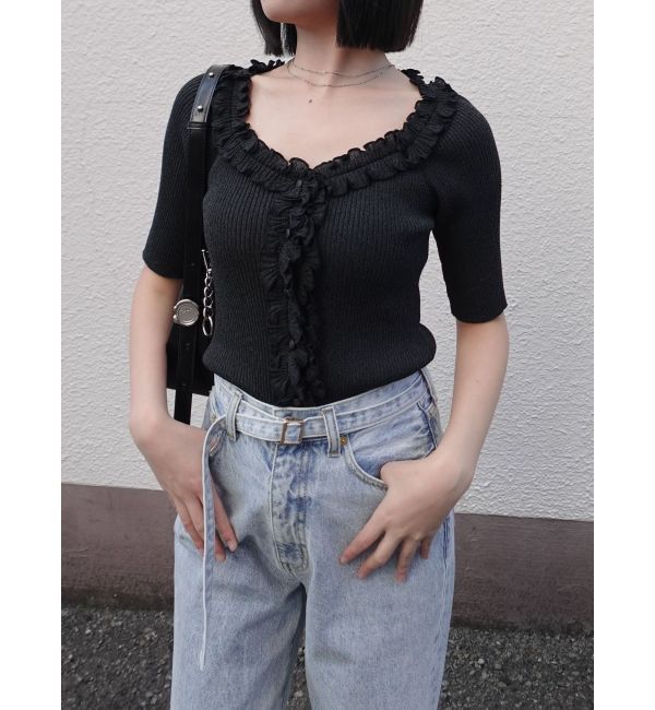 LAGUNAMOON「リブフリルハーフスリーブカーデニットプルオーバー」|カーディガン|チャコールグレー