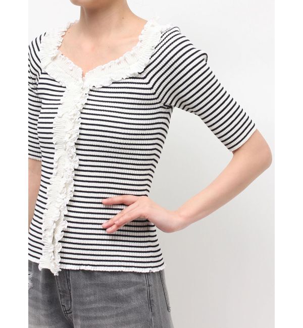 LAGUNAMOON「リブフリルハーフスリーブカーデニットプルオーバー」|カーディガン|