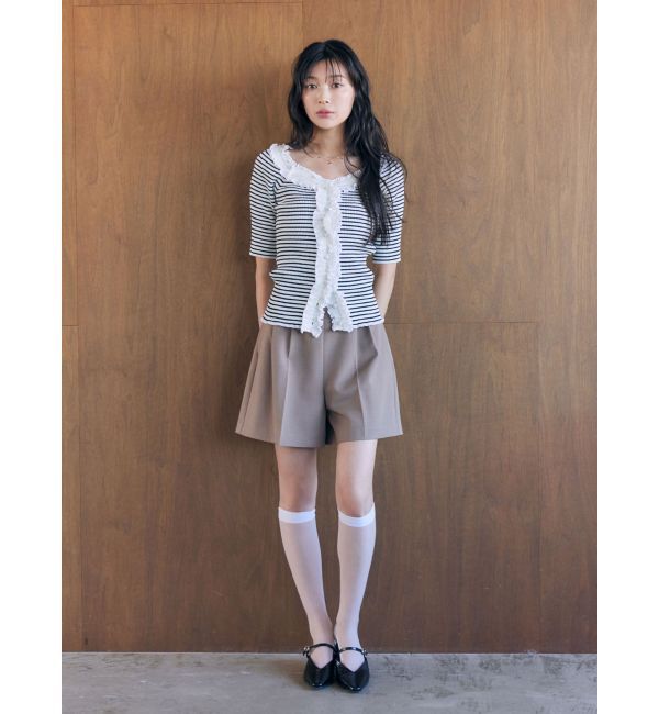 LAGUNAMOON「リブフリルハーフスリーブカーデニットプルオーバー」|カーディガン|